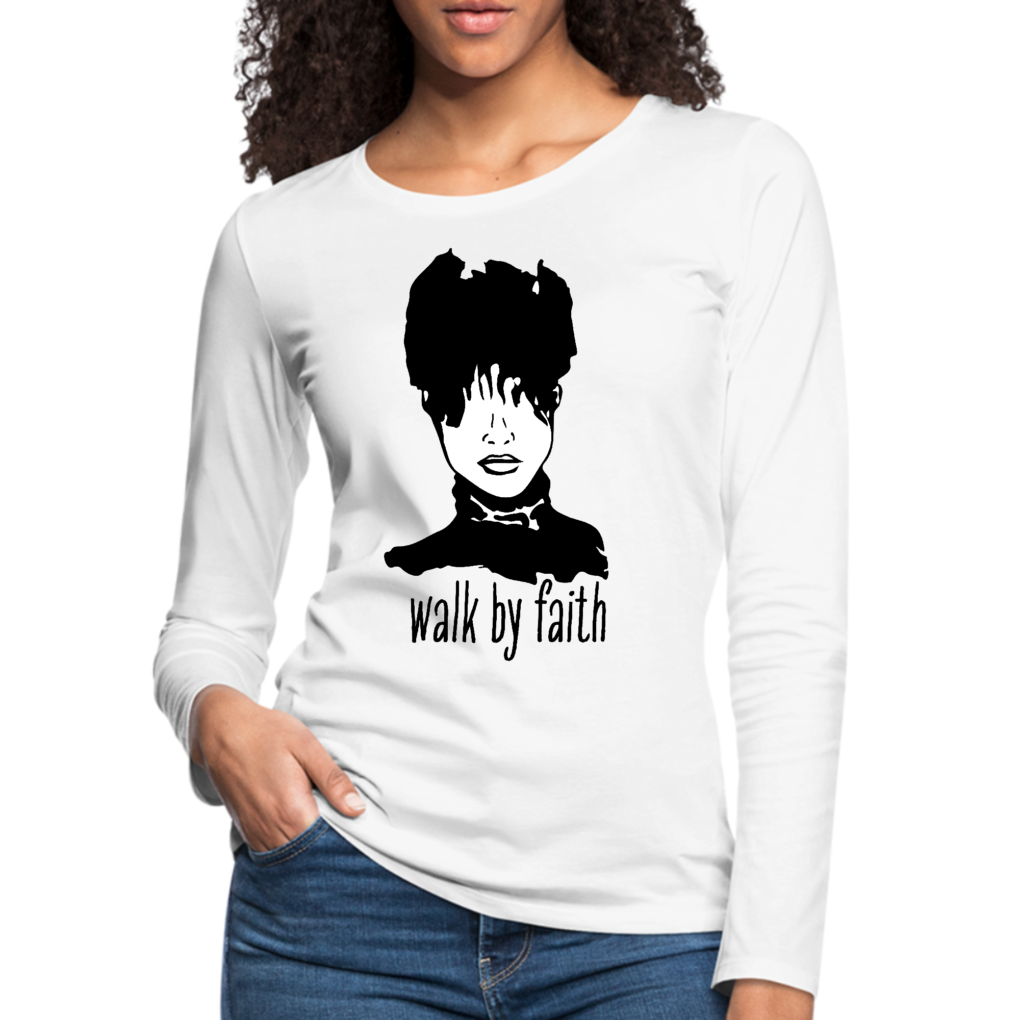 Women's Long Sleeve Graphic T-shirt with 'Say it Soul, Walk by Faith' design, showcasing soft cotton fabric and stylish fit.