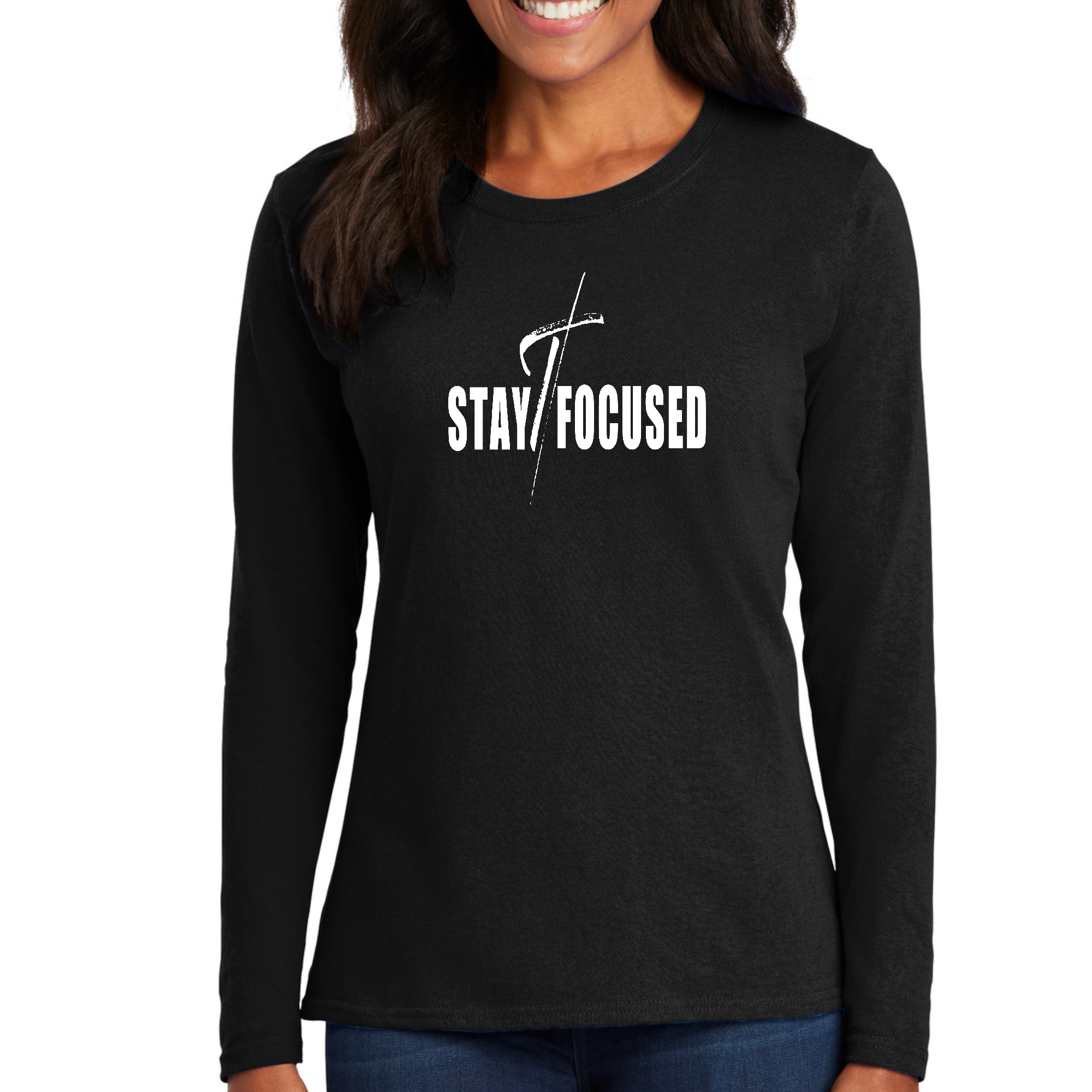 Womens Long Sleeve Graphic T-shirt featuring Stay Focused white print, showcasing its stylish design and soft cotton fabric.