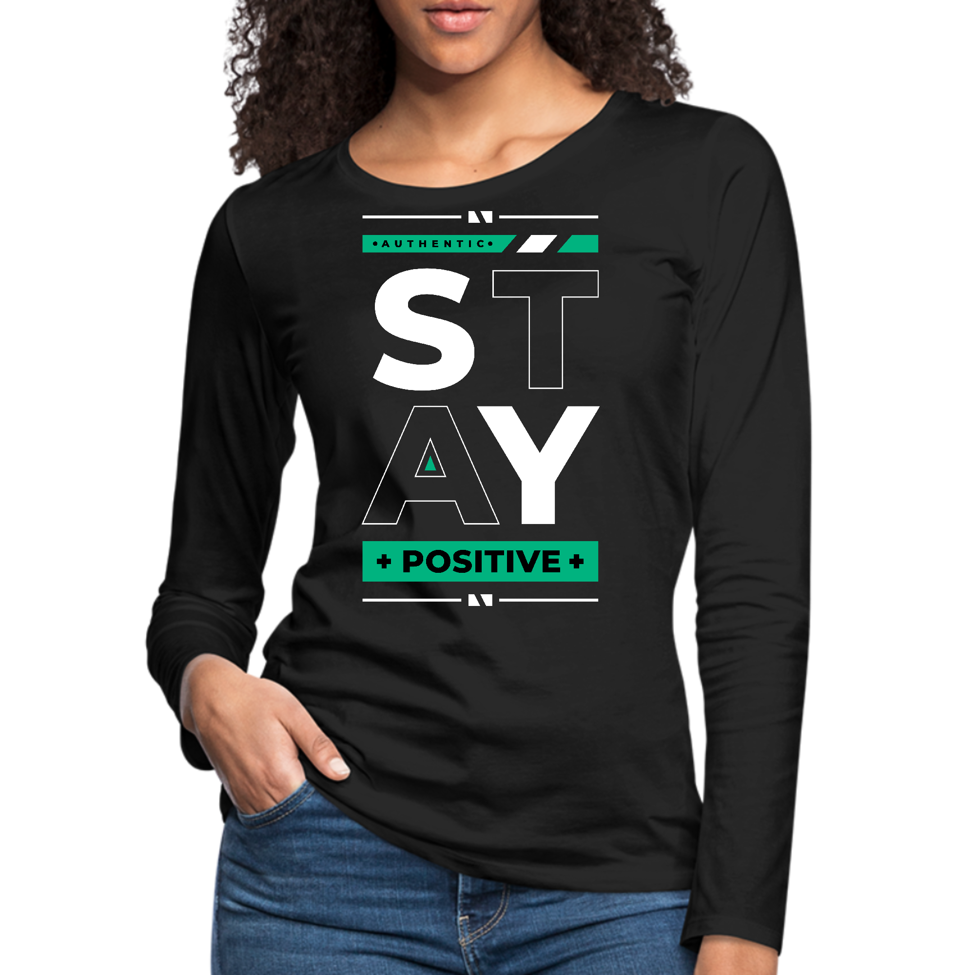 Women's Long Sleeve Graphic T-shirt featuring a positive message, made from soft cotton with double-stitched seams.