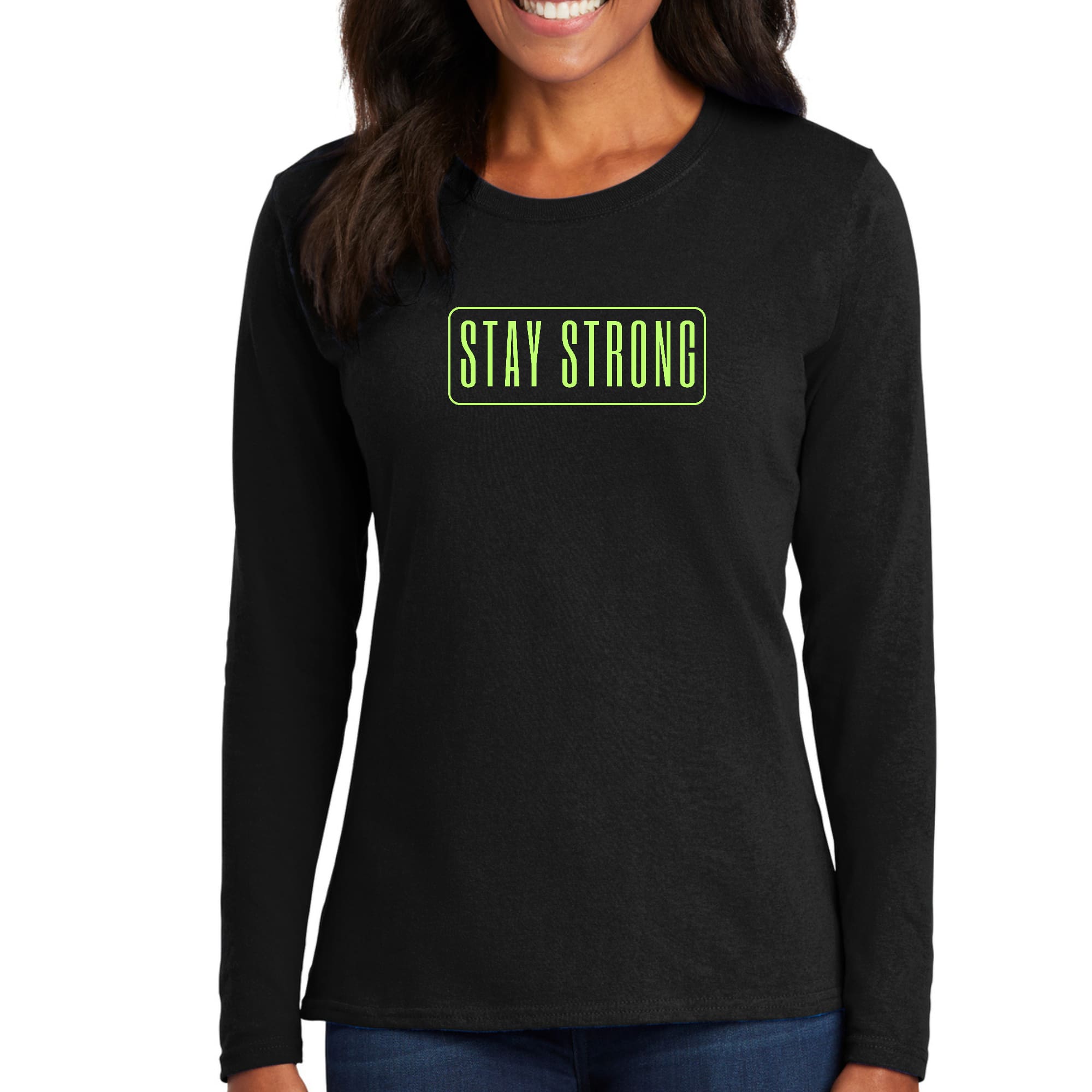 Women's Long Sleeve Graphic T-shirt featuring a vibrant neon 'Stay Strong' print on soft preshrunk cotton fabric.