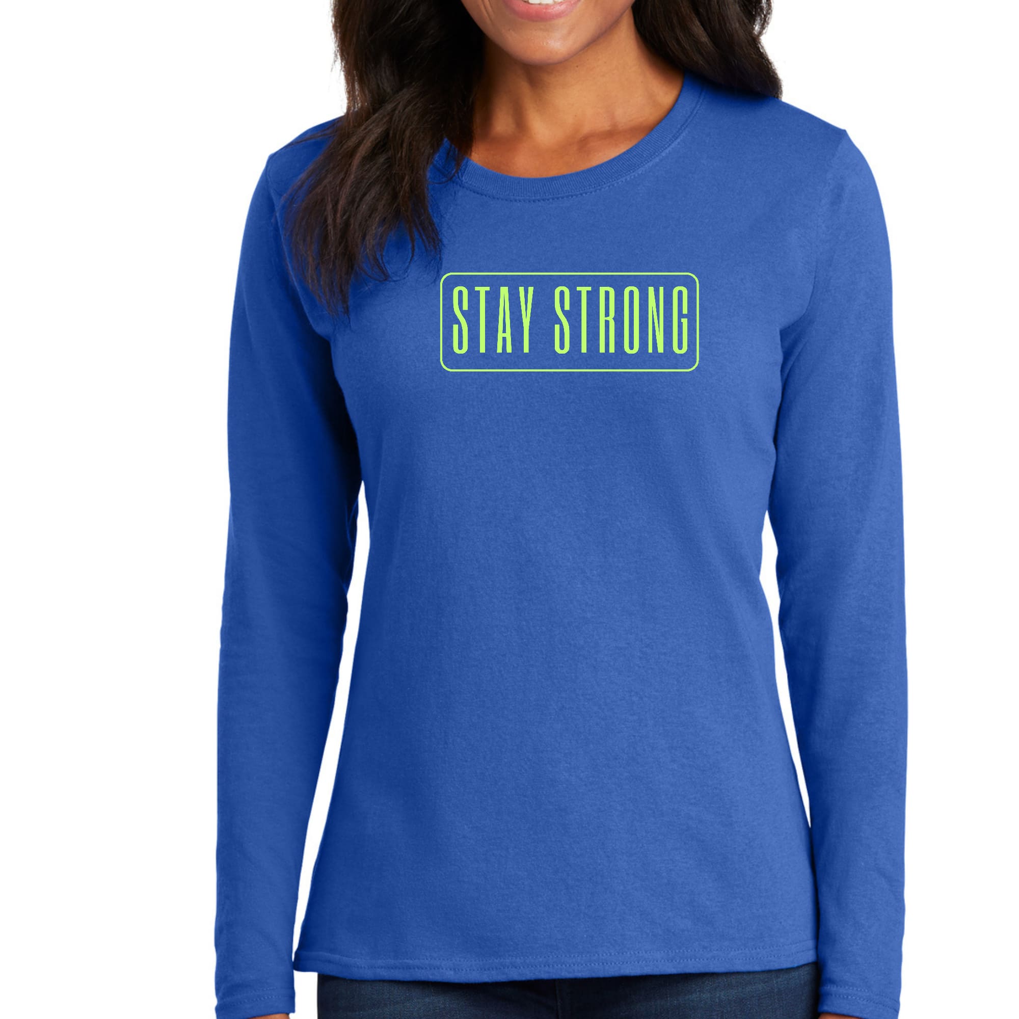 Women's Long Sleeve Graphic T-shirt featuring a vibrant neon 'Stay Strong' print on soft preshrunk cotton fabric.