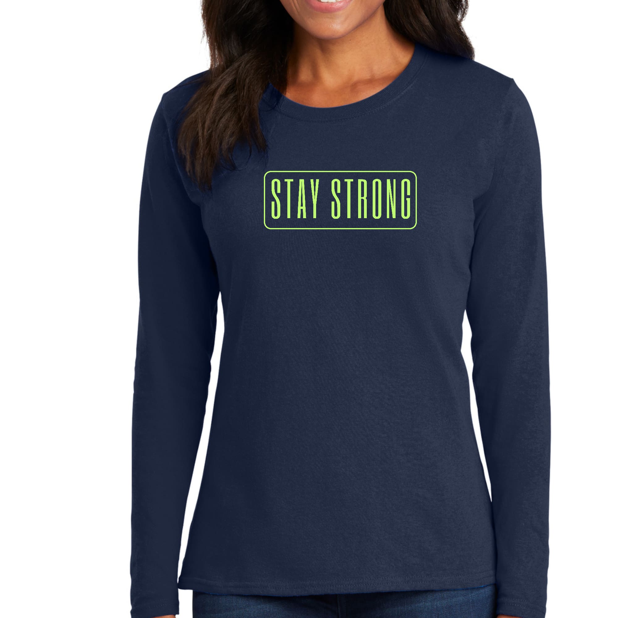 Women's Long Sleeve Graphic T-shirt featuring a vibrant neon 'Stay Strong' print on soft preshrunk cotton fabric.