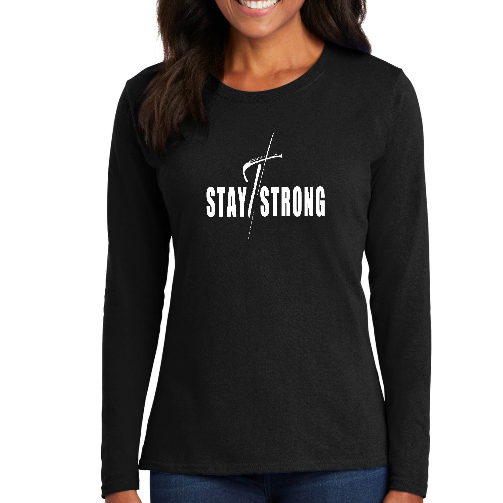 Womens Long Sleeve Graphic T-shirt featuring a 'Stay Strong' cross print in white on a soft cotton fabric.