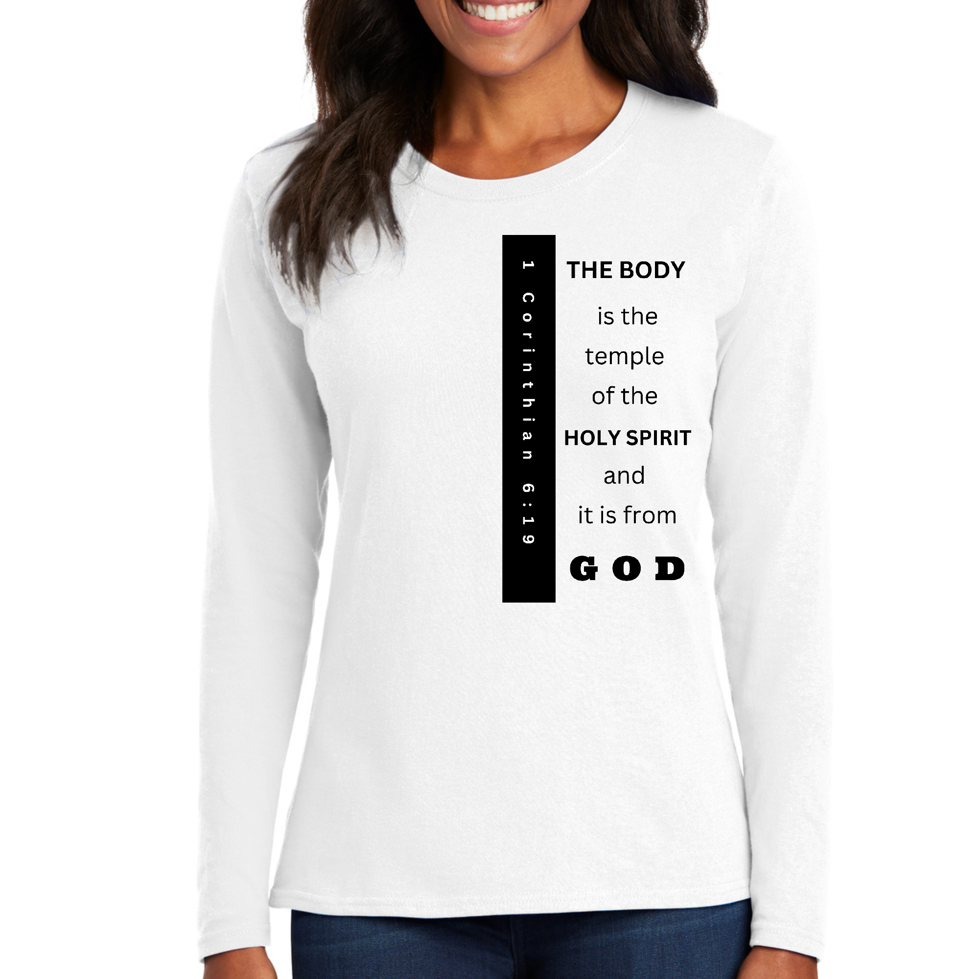 Womens Long Sleeve Graphic T-shirt in black featuring the 'Body is the Temple' scripture print, showcasing a classic fit and soft fabric.