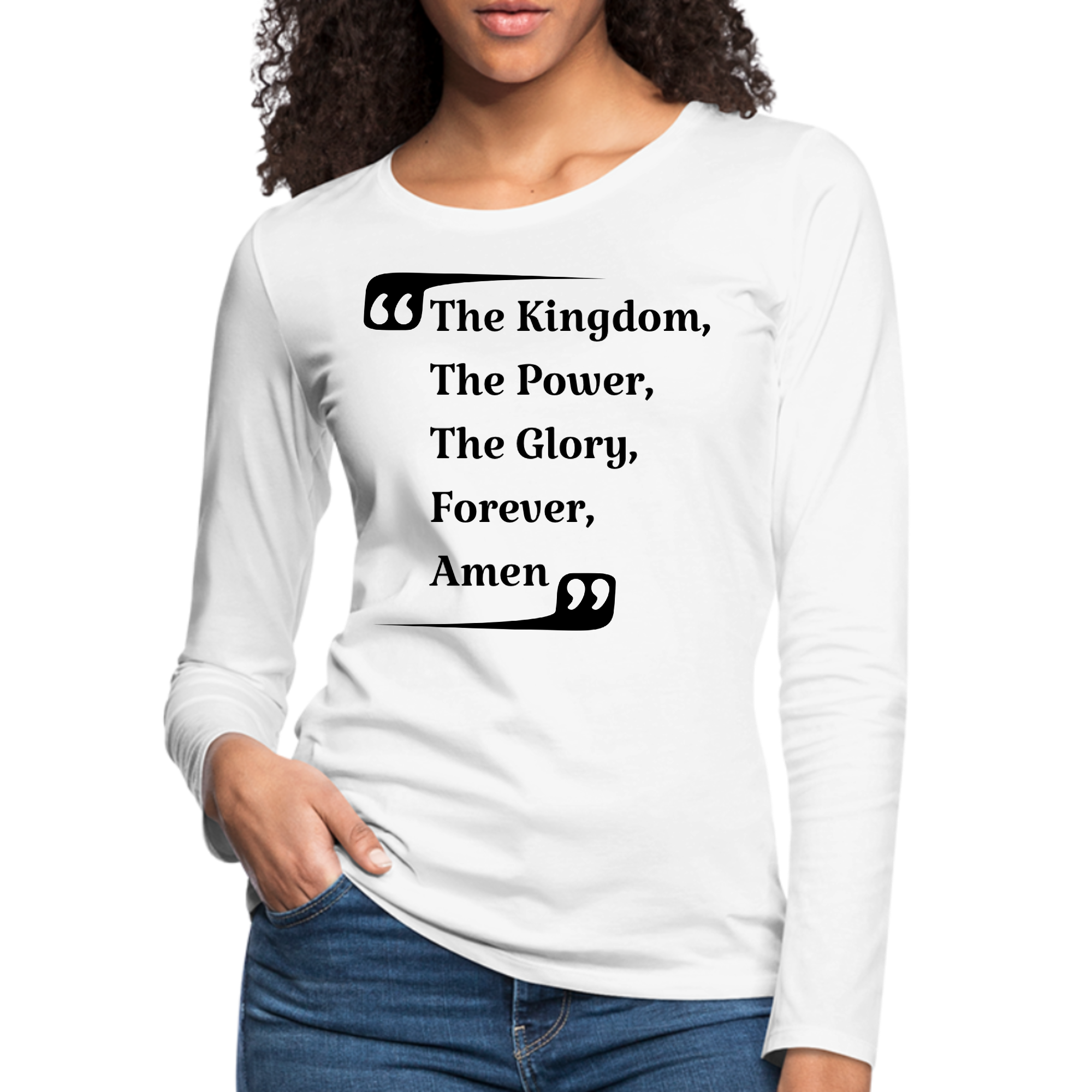 Women's Long Sleeve Graphic T-shirt featuring 'the Kingdom the Power the Glory' in a stylish design, made from soft cotton material.