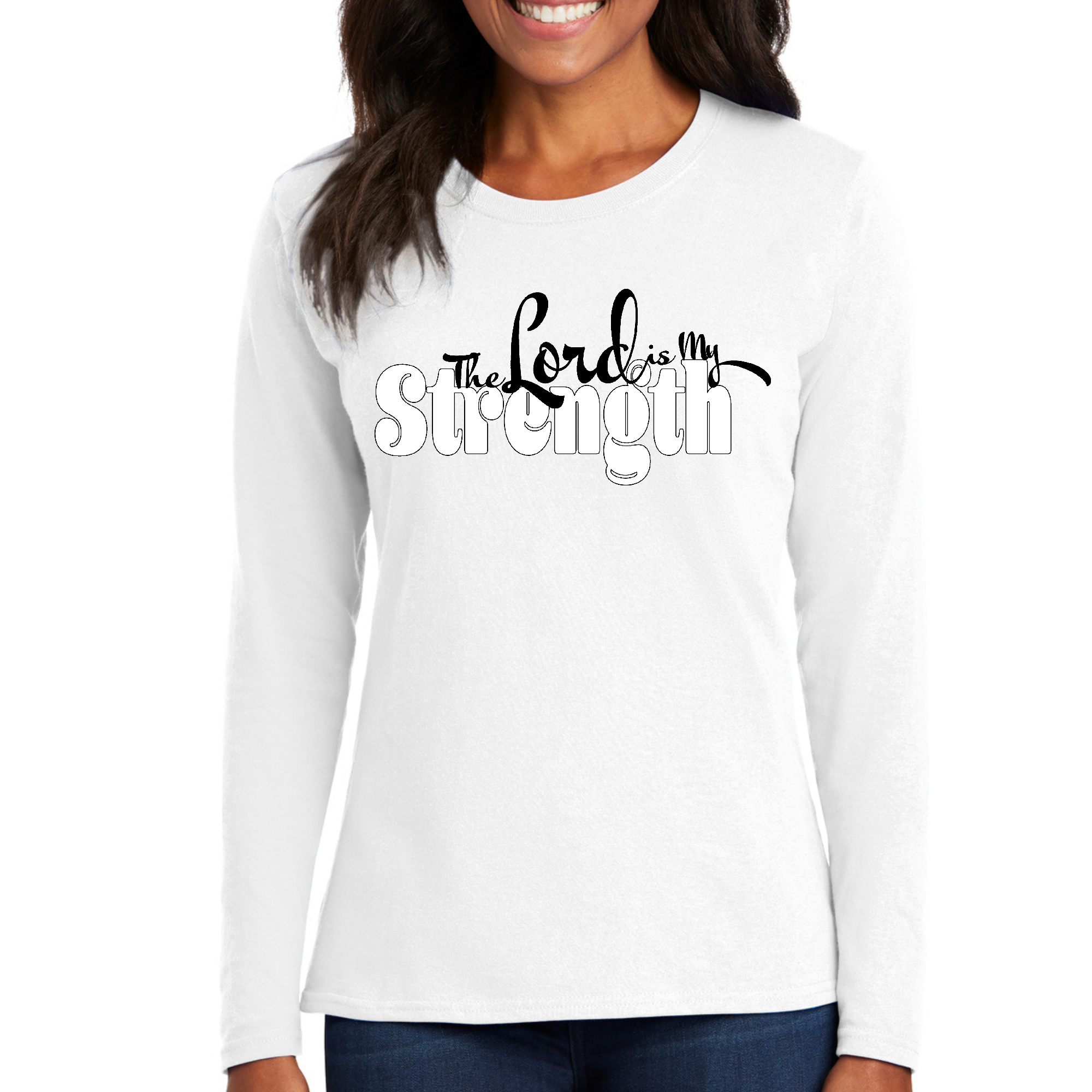 Women's Long Sleeve Graphic T-shirt featuring 'The Lord is my Strength' print, made from soft preshrunk cotton, displayed on a mannequin.