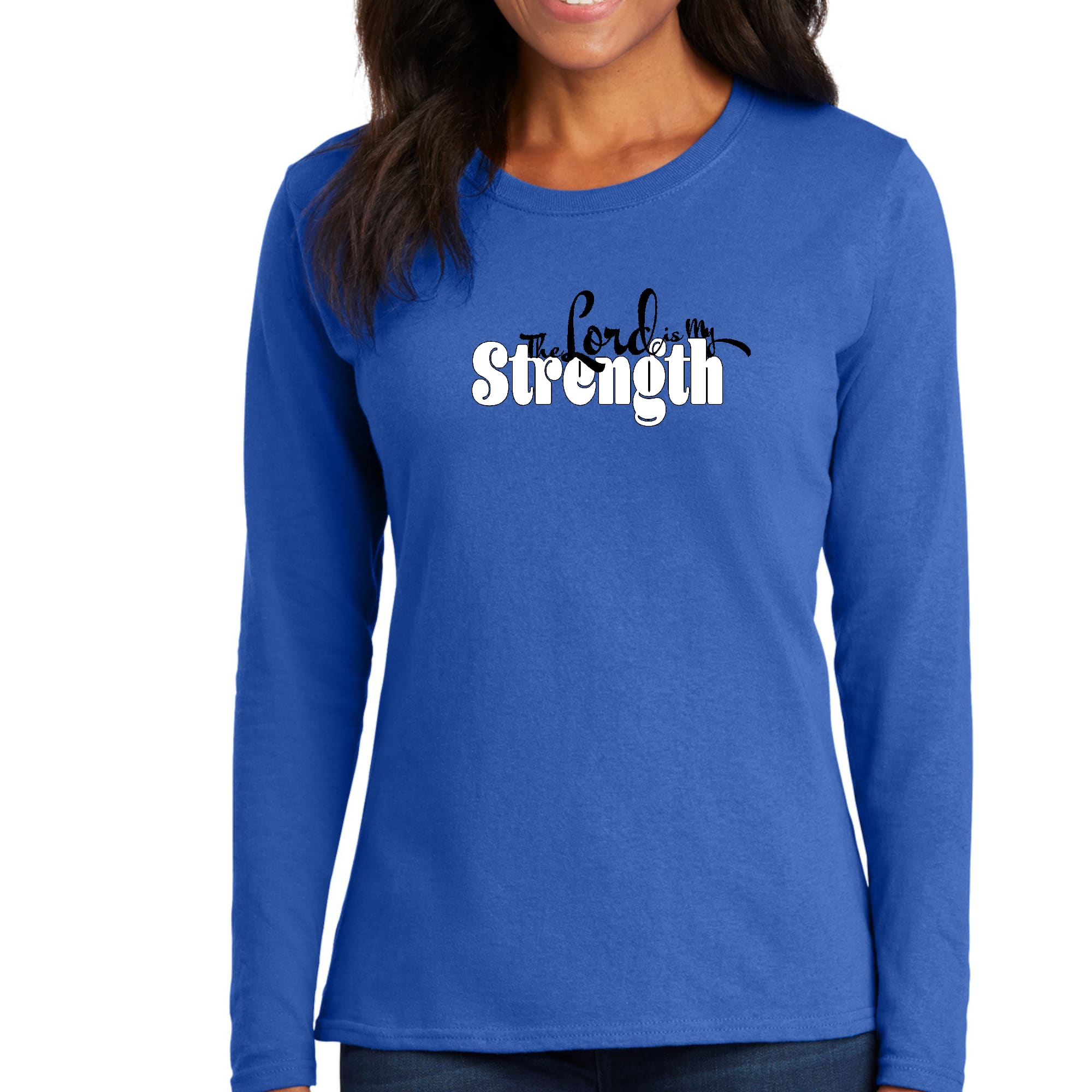 Women's Long Sleeve Graphic T-shirt featuring 'The Lord is my Strength' print, made from soft preshrunk cotton, displayed on a mannequin.