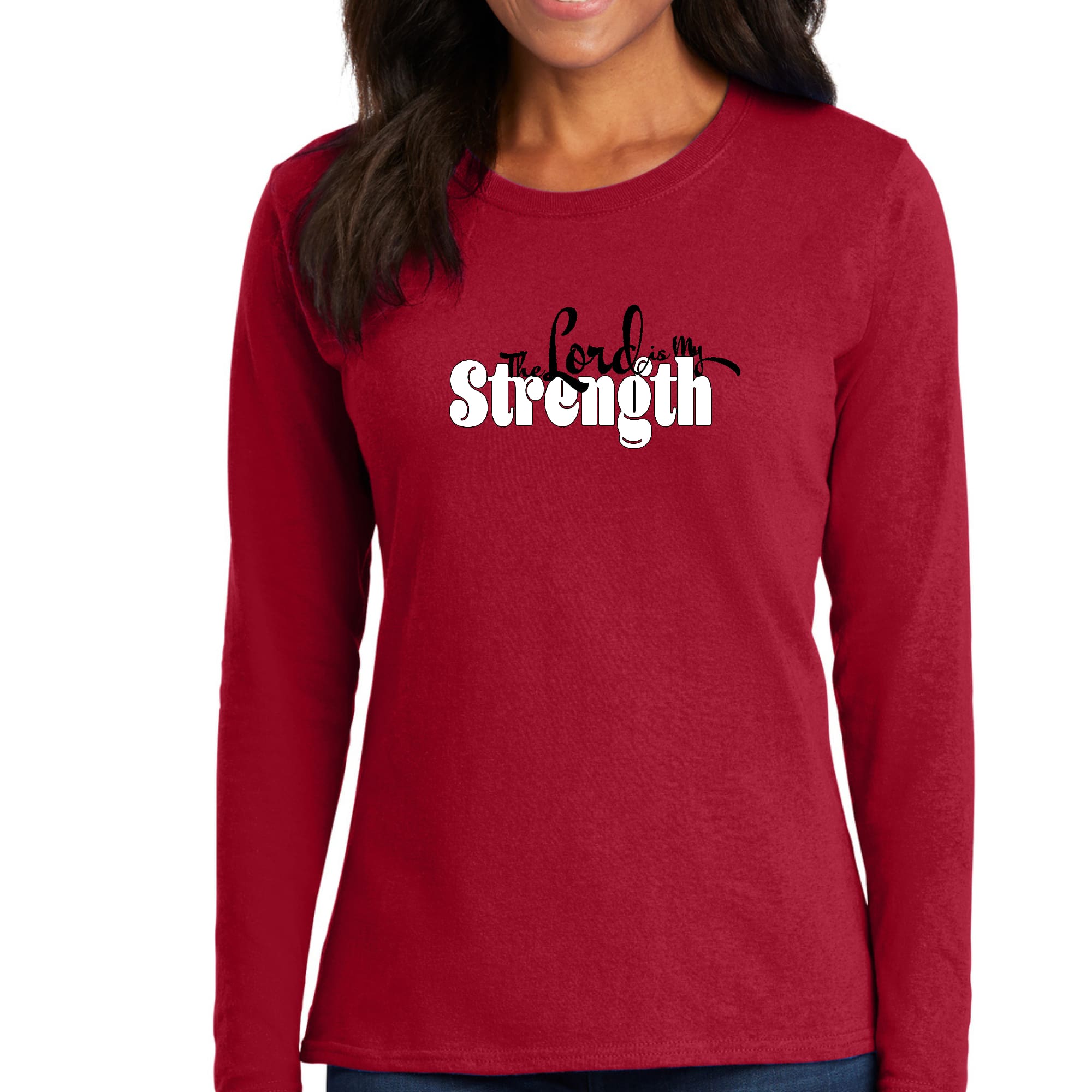 Women's Long Sleeve Graphic T-shirt featuring 'The Lord is my Strength' print, made from soft preshrunk cotton, displayed on a mannequin.