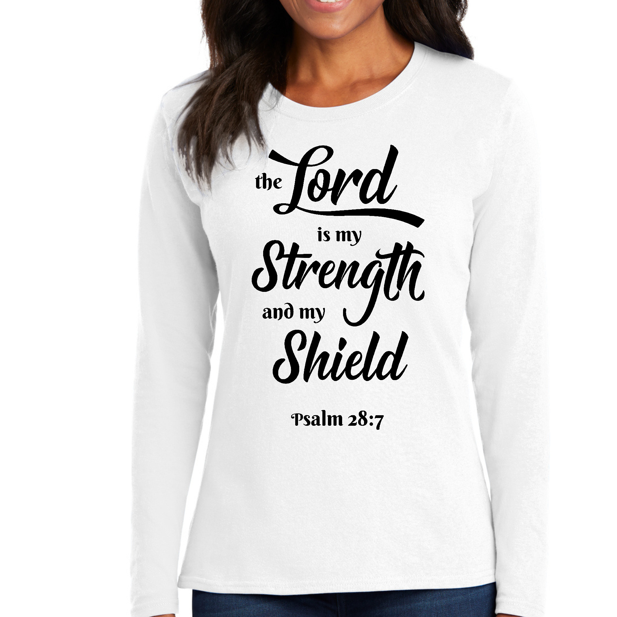 Women's Long Sleeve Graphic T-shirt with 'The Lord is my Strength' print, showcasing a stylish and comfortable design.