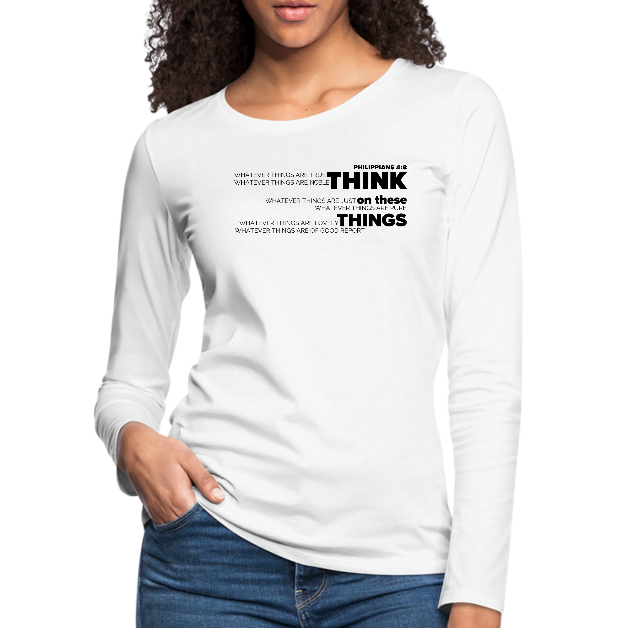 Women's long sleeve black graphic t-shirt with 'Think on these Things' scripture quote printed on the front.