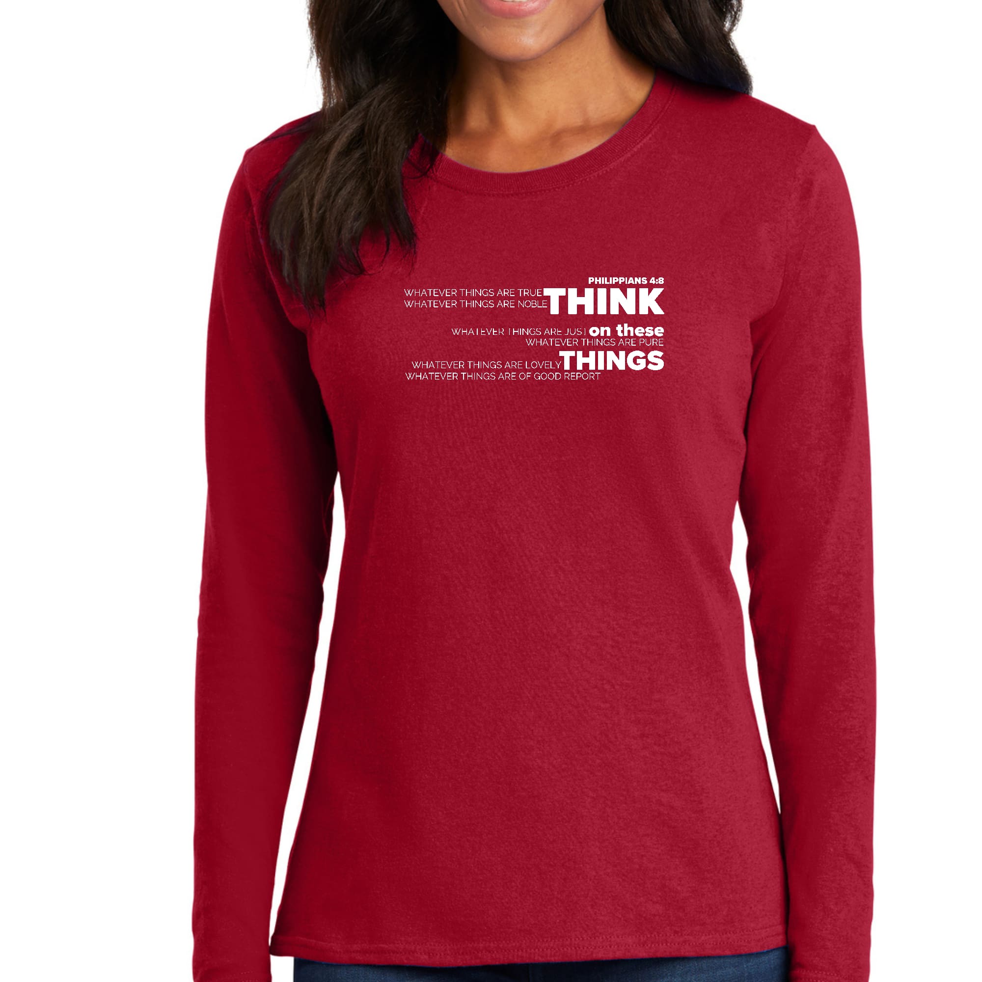 Women's Long Sleeve Graphic T-shirt with 'Think on these Things' scripture quote print, showcasing a comfortable and stylish design.