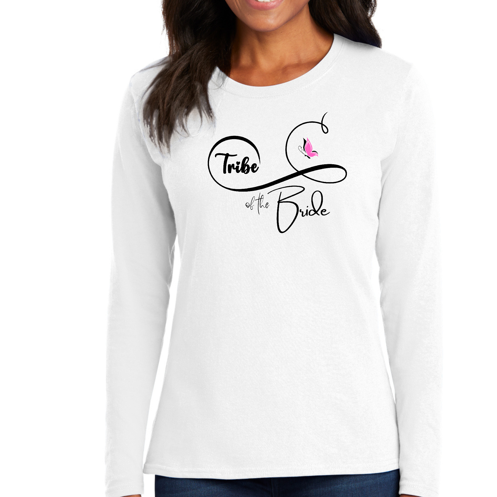 Women's Long Sleeve Graphic T-shirt featuring a bridal butterfly illustration, perfect for weddings and bridal events.