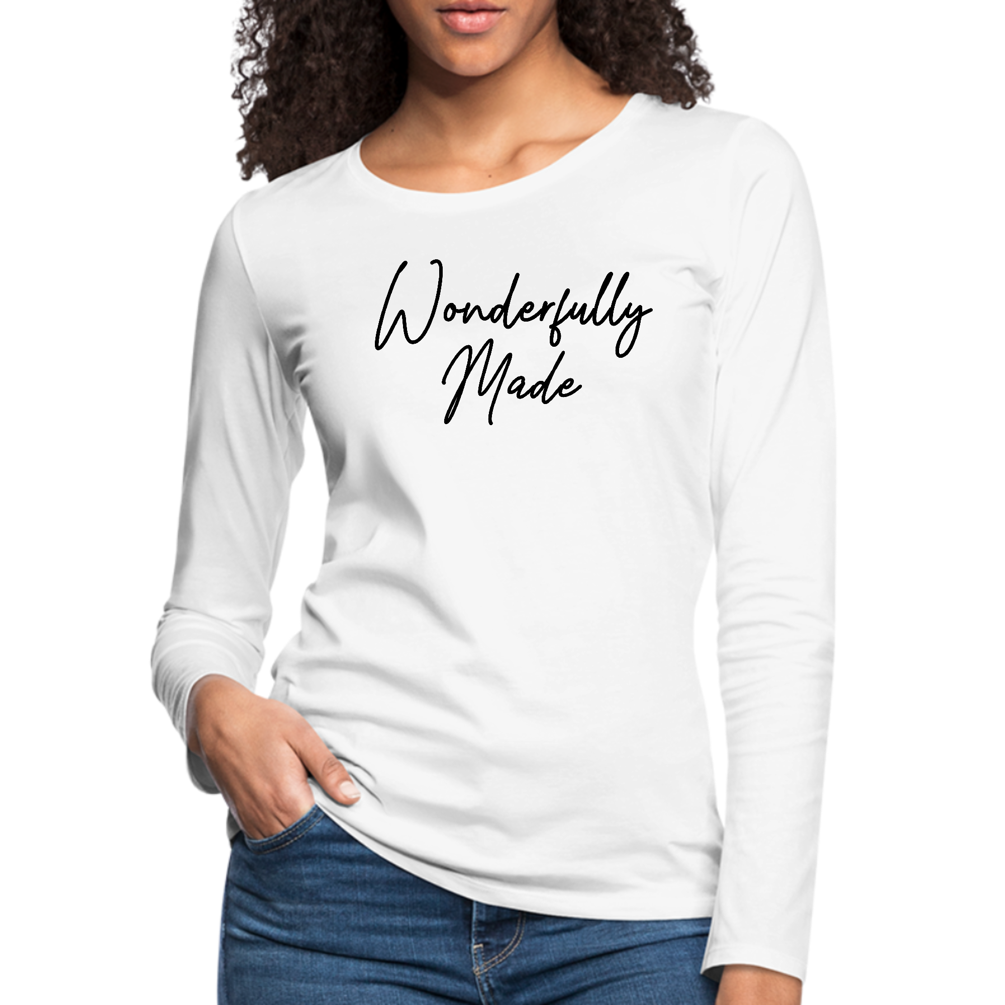 Women's Long Sleeve Graphic T-shirt in black with 'Wonderfully Made' affirmation design, showcasing soft cotton fabric and durable stitching.