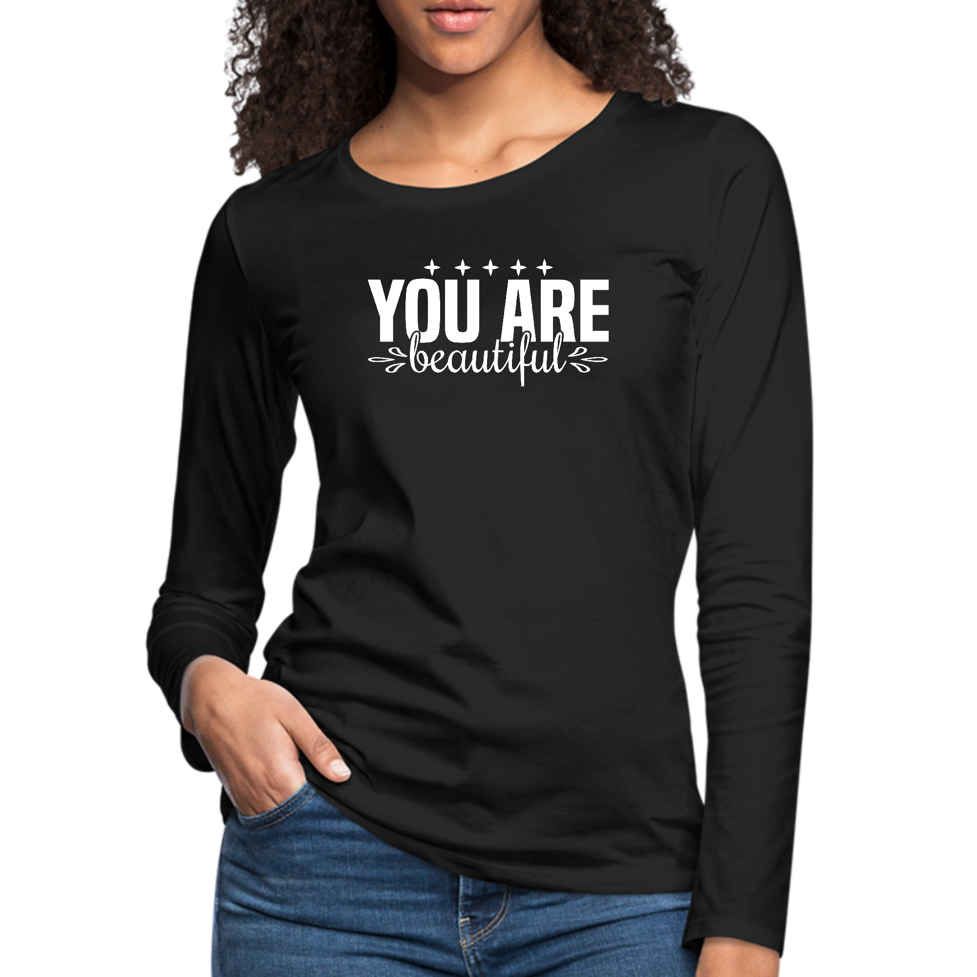 Women's Long Sleeve Graphic T-shirt featuring 'you are Beautiful' design, made from soft cotton with reinforced seams.