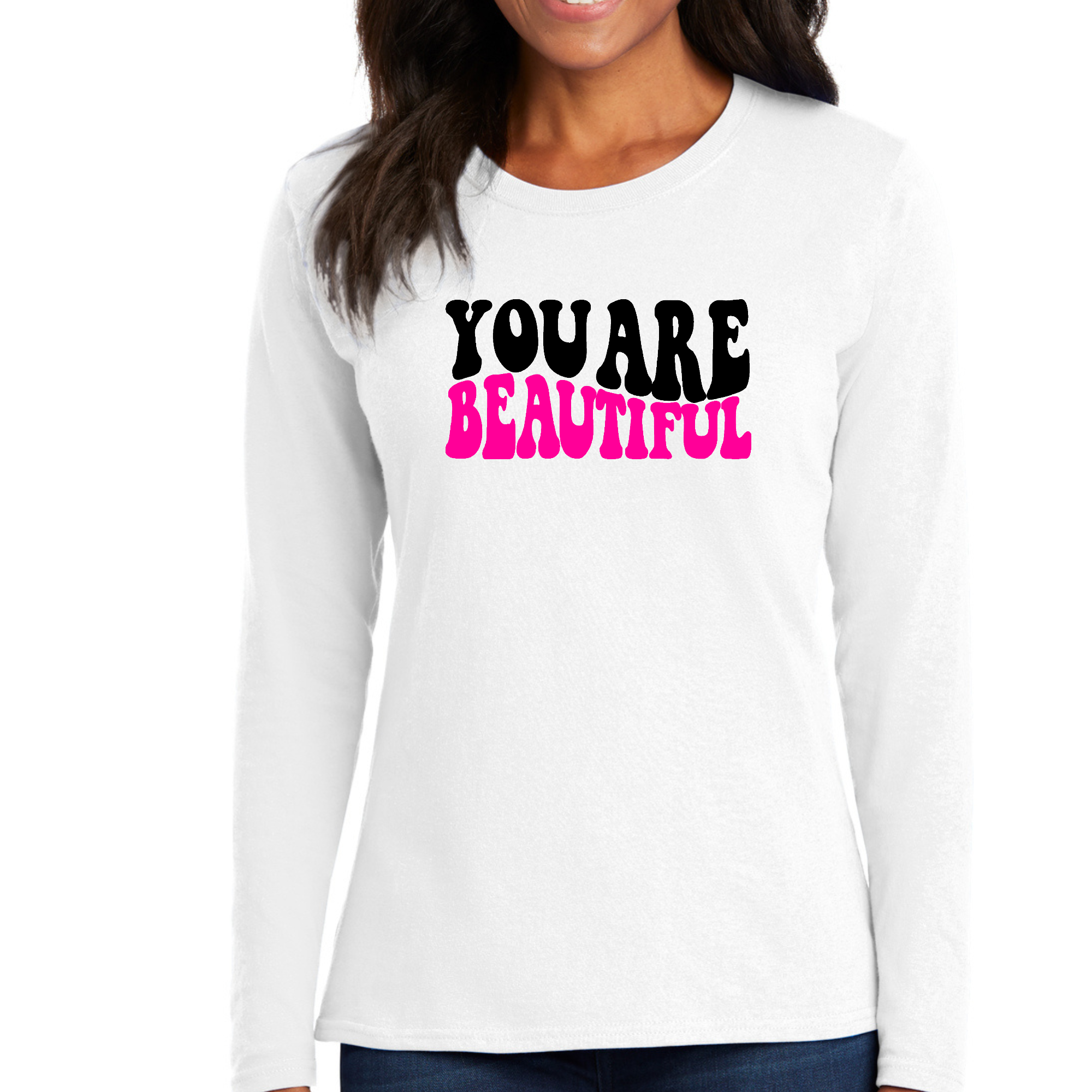 Women's Long Sleeve Graphic T-shirt featuring 'You Are Beautiful' print, made from soft cotton fabric.