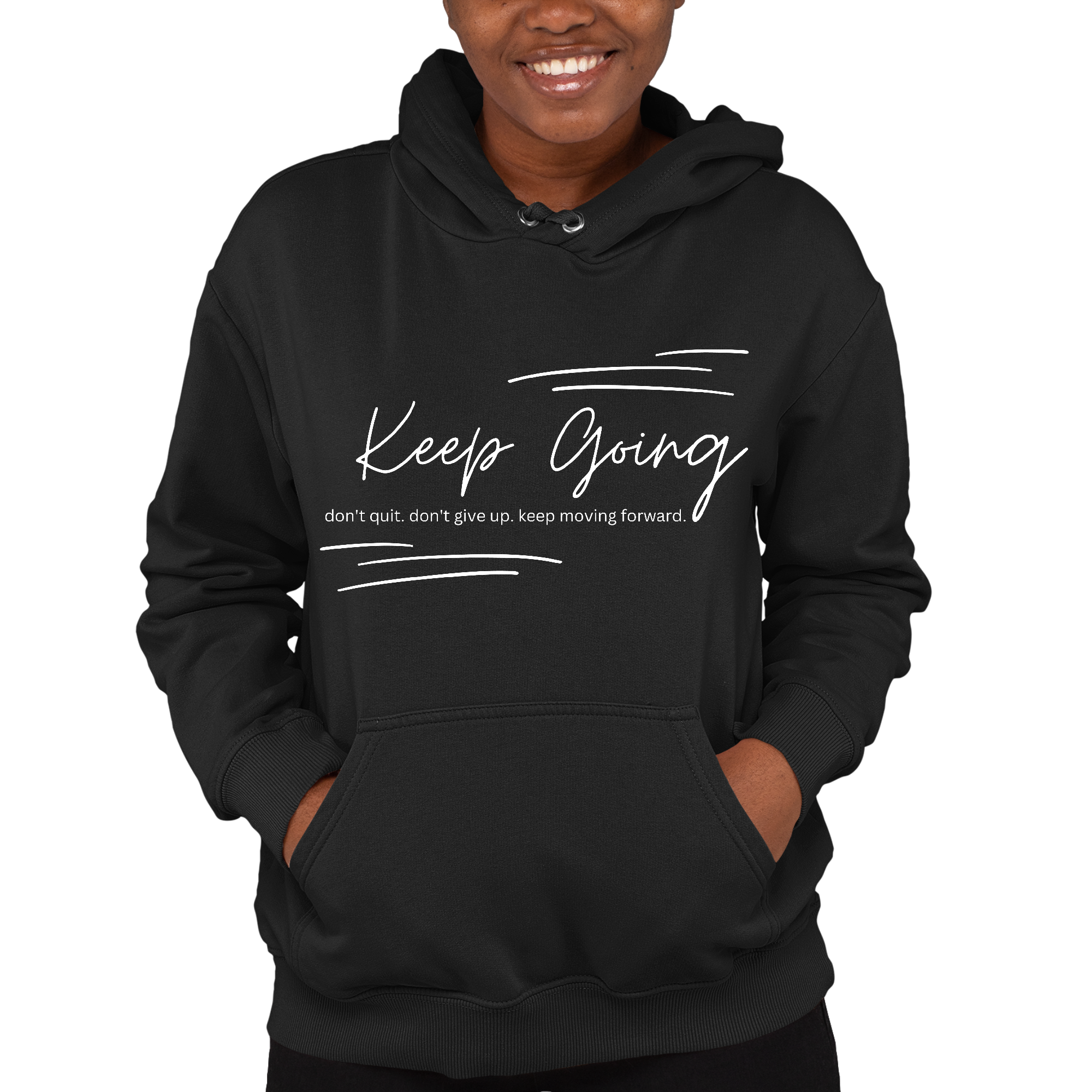 Women's Long Sleeve Hoodie with 'Keep Going Don't Give Up' inspirational message, featuring a drawstring neckline and long sleeves.