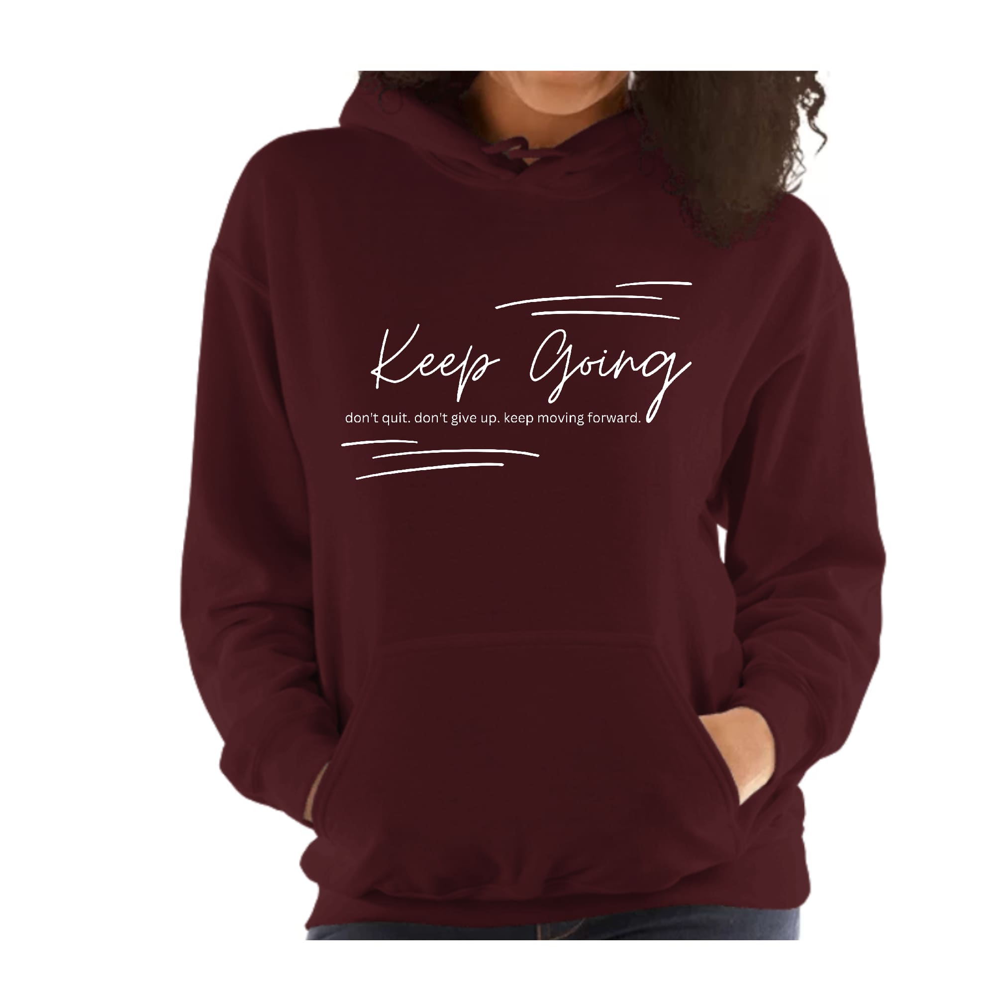 Women's Long Sleeve Hoodie with 'Keep Going Don't Give Up' inspirational message, featuring a drawstring neckline and long sleeves.