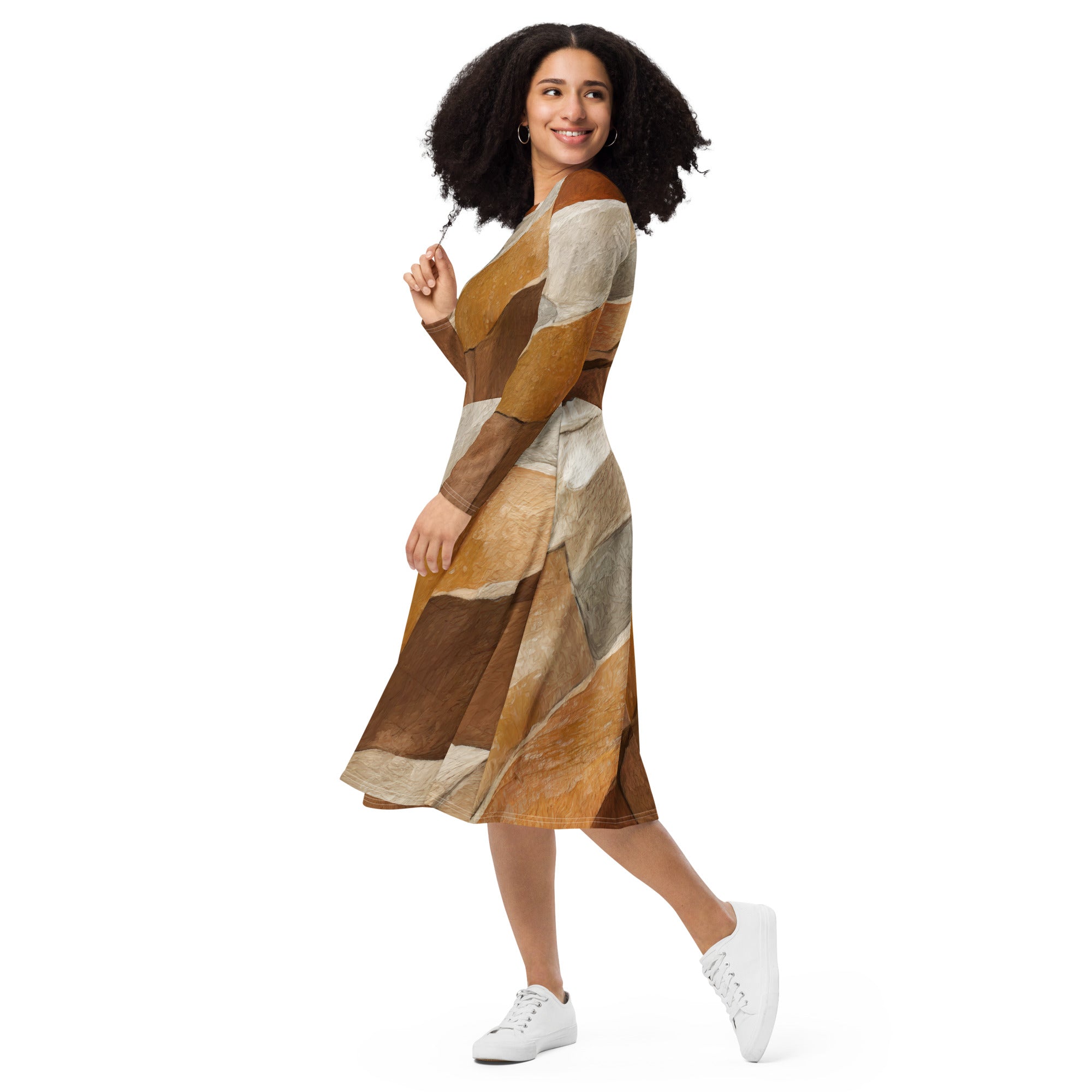 Womens Long Sleeve Midi Dress featuring an Abstract Stone Print, showcasing a fitted waist, flared bottom, and side pockets.