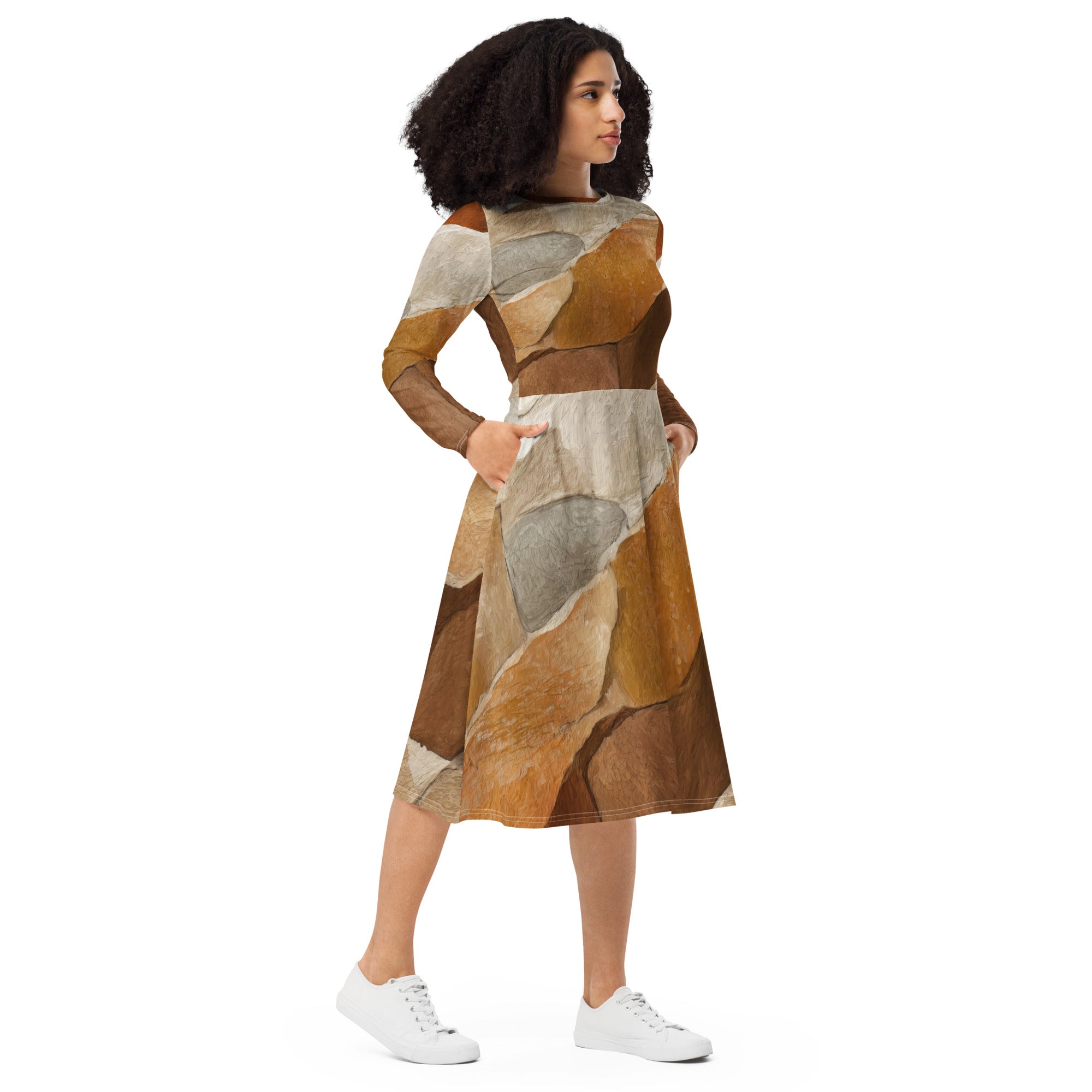 Womens Long Sleeve Midi Dress featuring an Abstract Stone Print, showcasing a fitted waist, flared bottom, and side pockets.