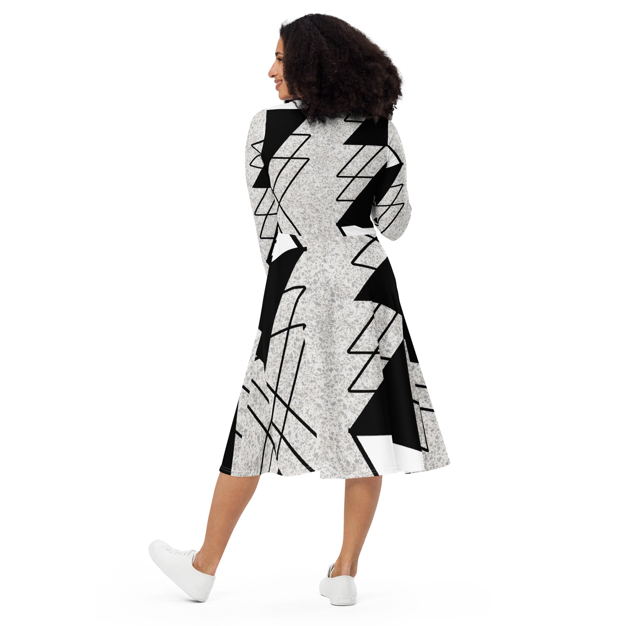 Womens Long Sleeve Midi Dress in black and white ash grey colorblock design, featuring a fitted waist, flared bottom, and side pockets.