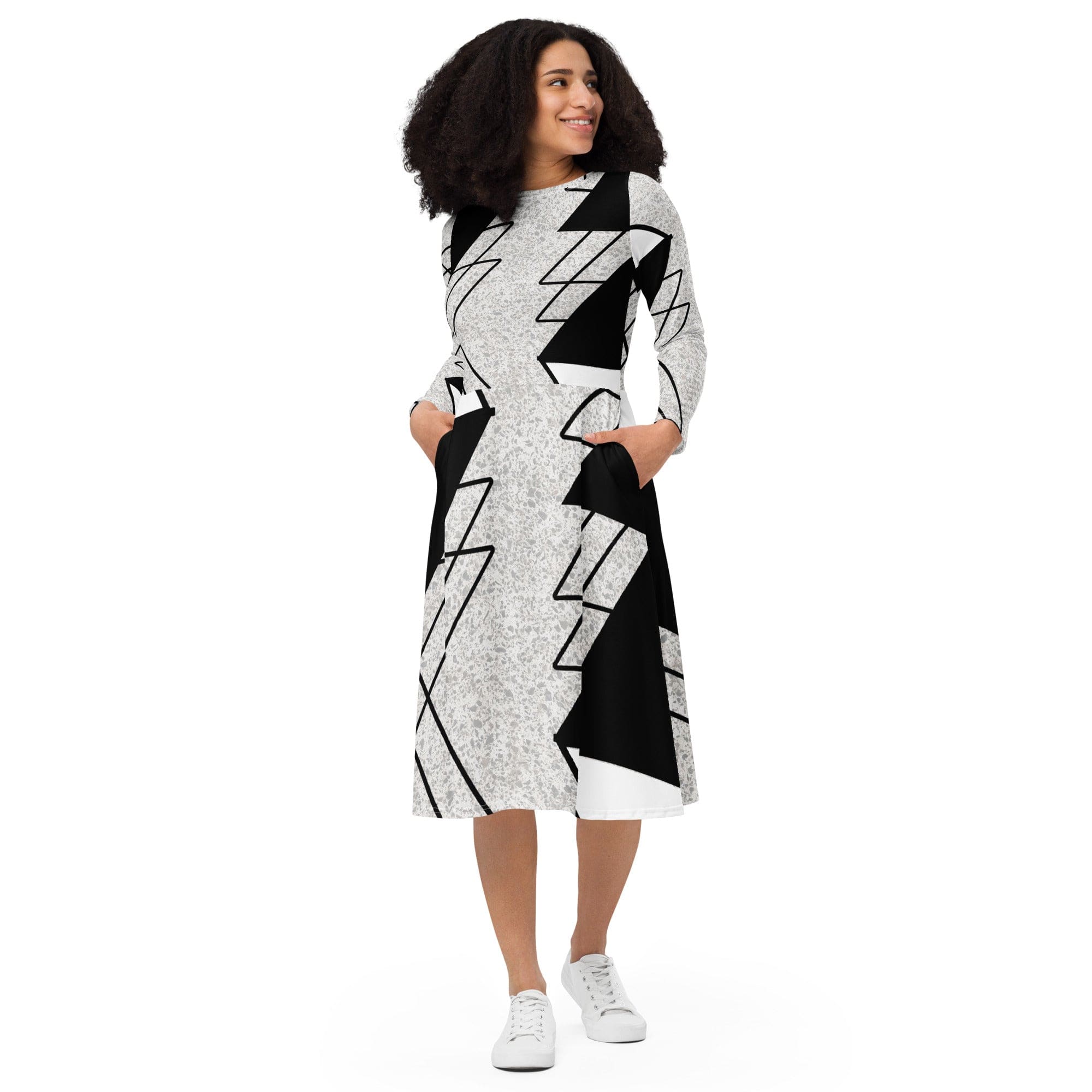 Womens Long Sleeve Midi Dress in black and white ash grey colorblock design, featuring a fitted waist, flared bottom, and side pockets.