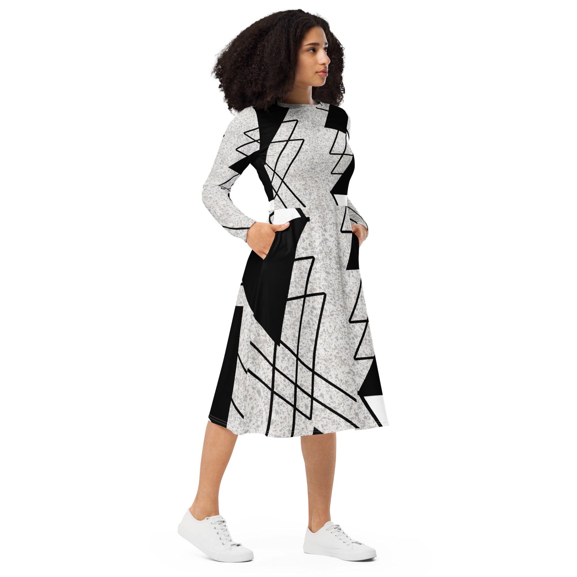 Womens Long Sleeve Midi Dress in black and white ash grey colorblock design, featuring a fitted waist, flared bottom, and side pockets.