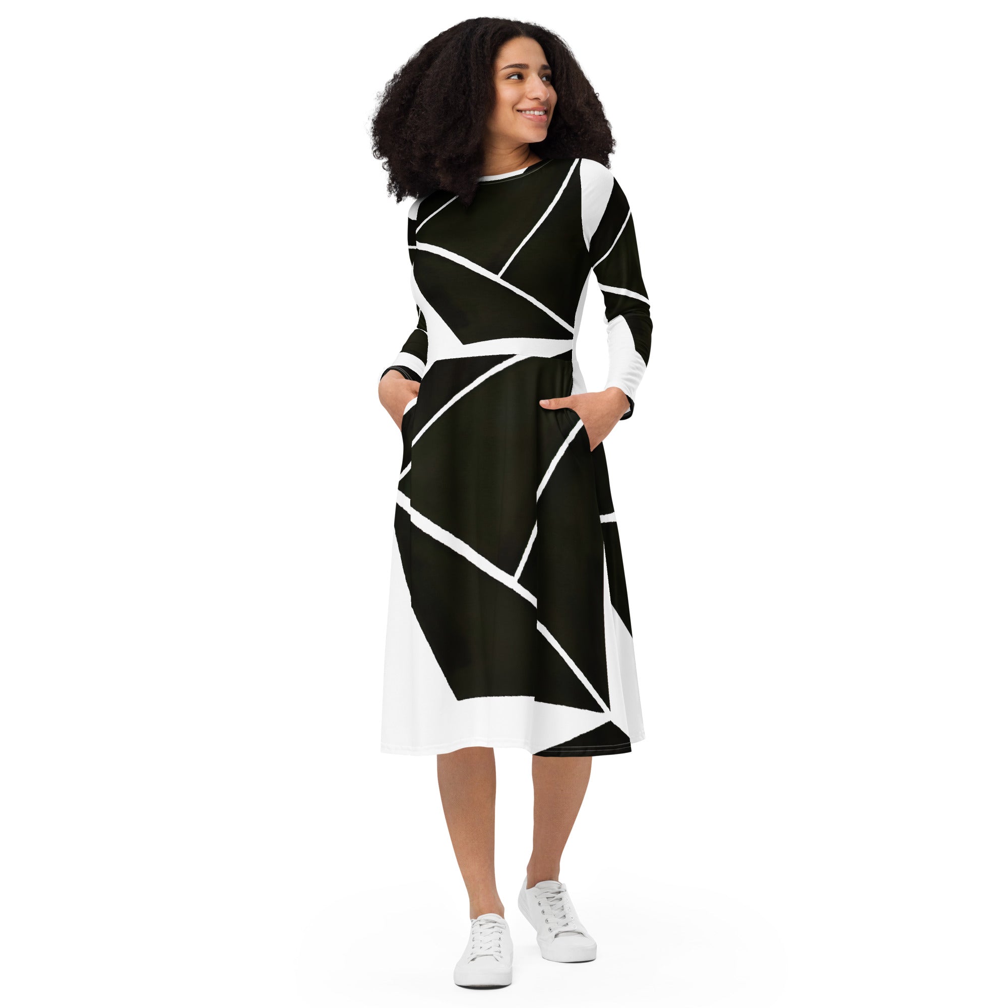 Womens Long Sleeve Midi Dress featuring a black and white geometric pattern, showcasing its fitted waist, flared bottom, and side pockets.