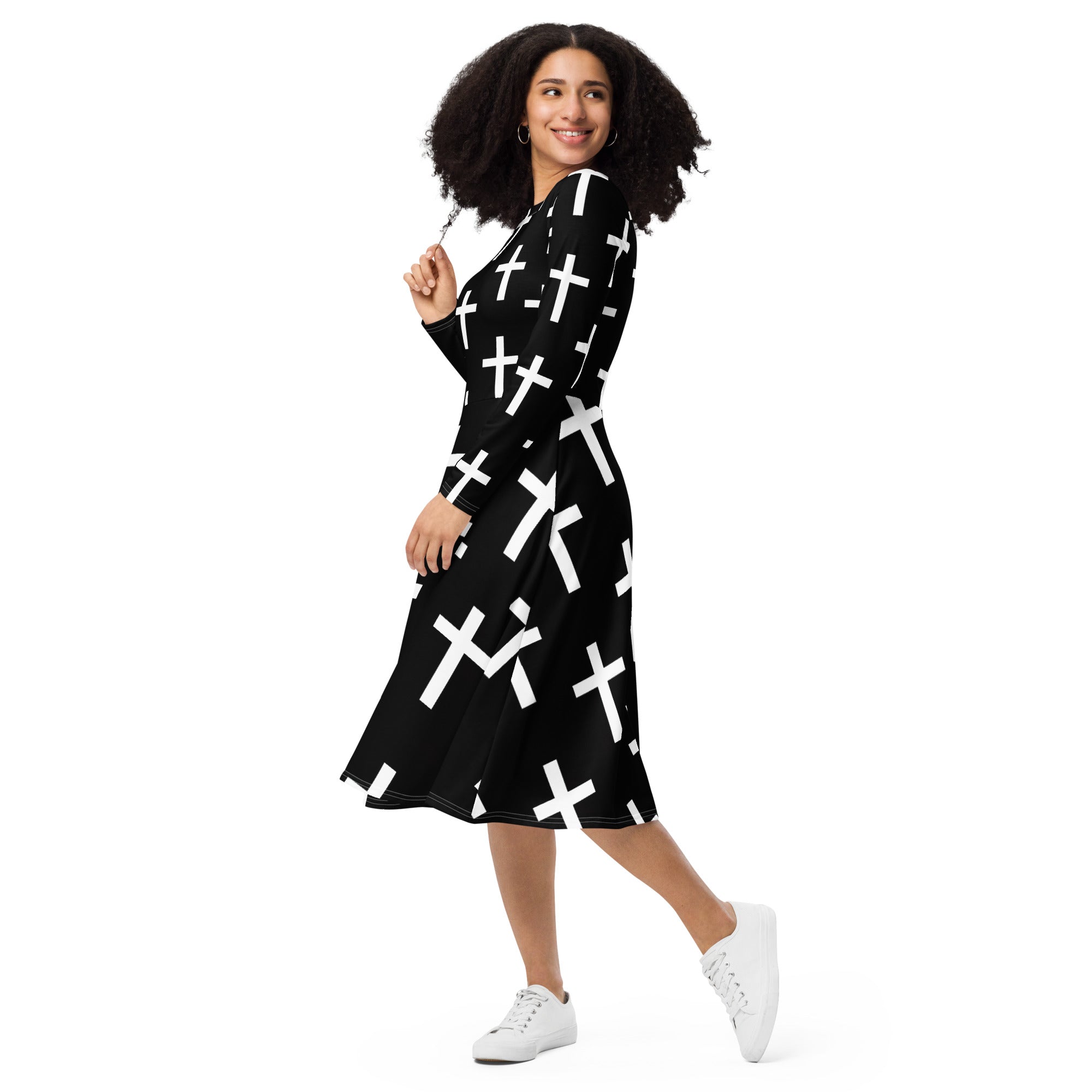 Womens Long Sleeve Midi Dress featuring a black and white cross print, showcasing its elegant design and comfortable fit.