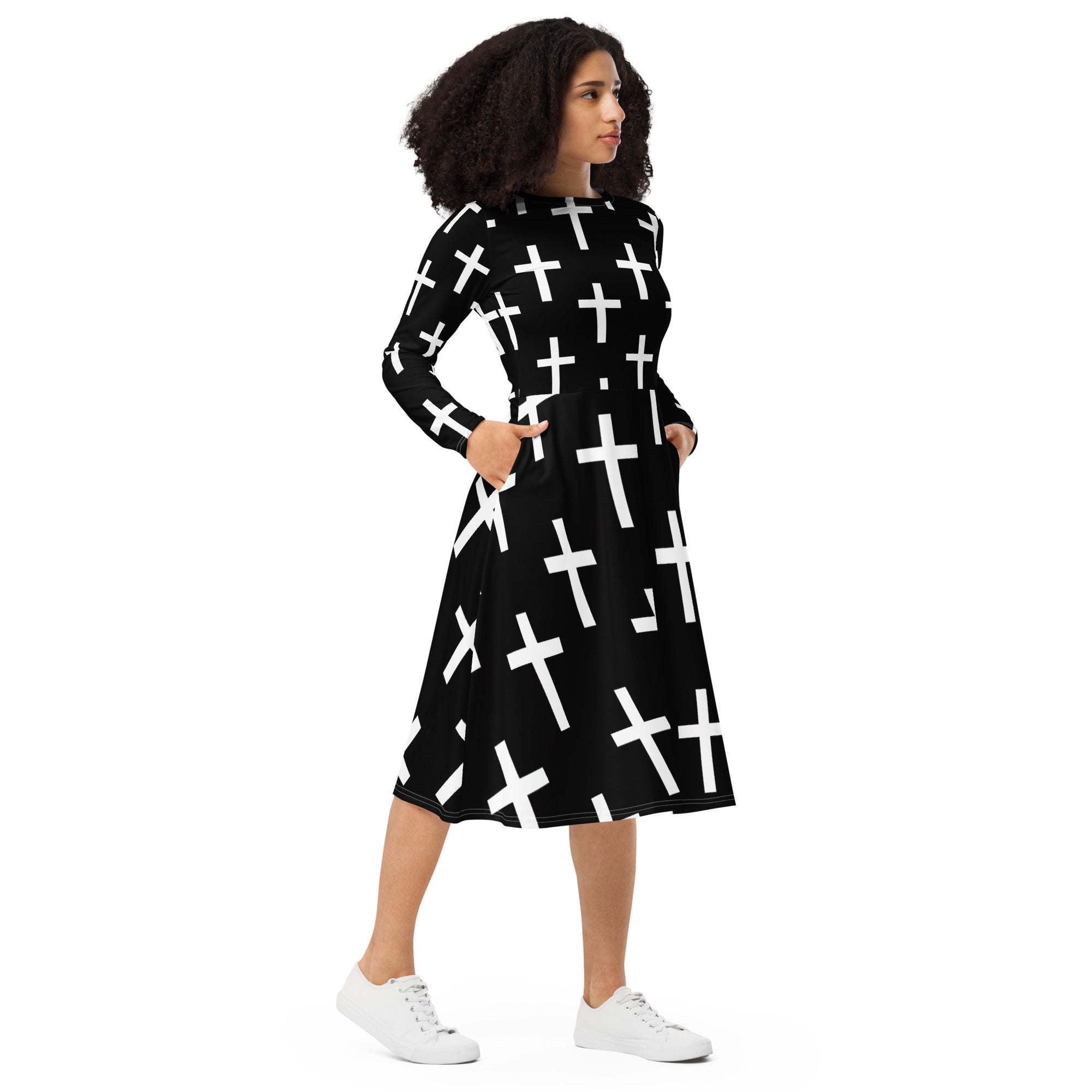 Womens Long Sleeve Midi Dress featuring a black and white cross print, showcasing its elegant design and comfortable fit.