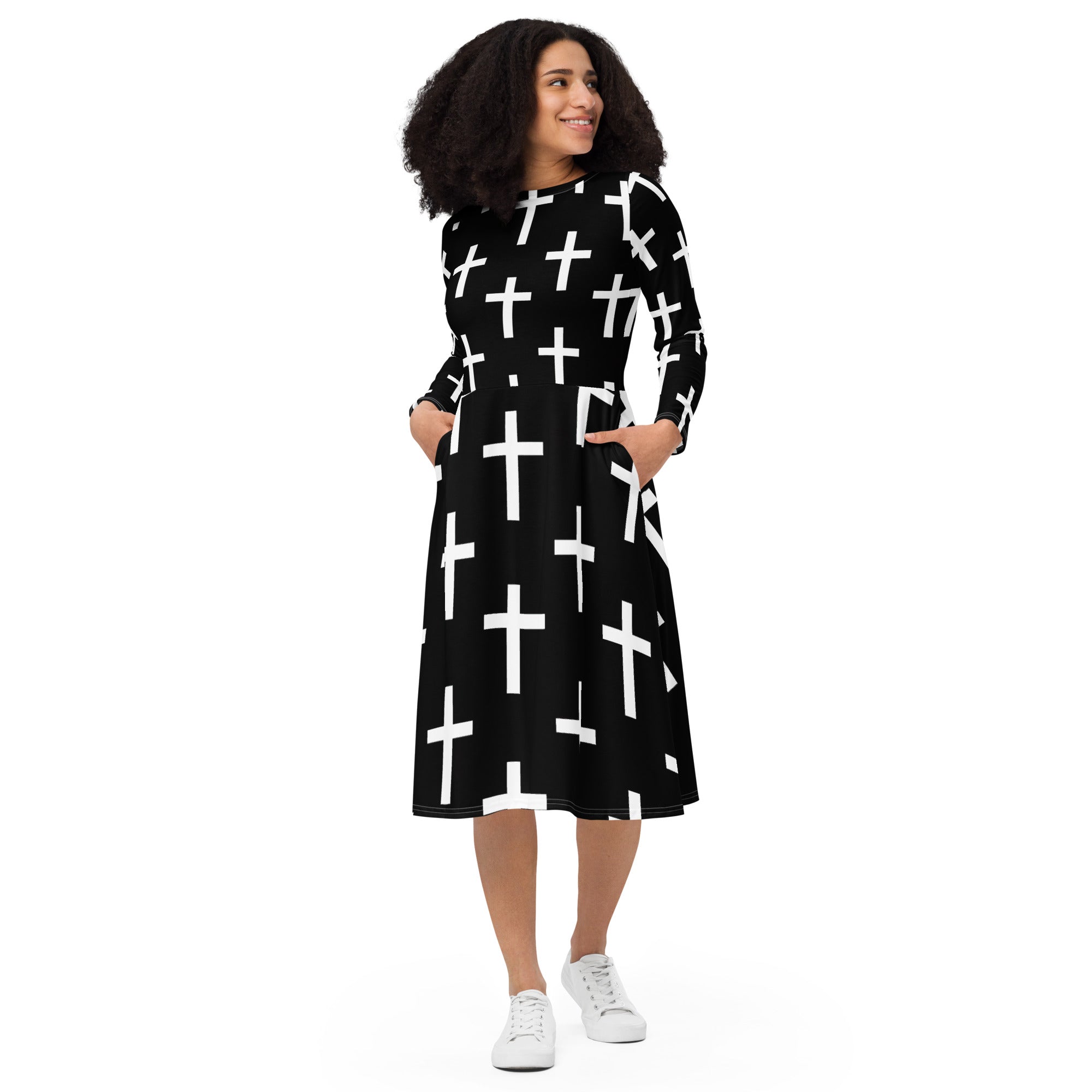 Womens Long Sleeve Midi Dress featuring a black and white cross print, showcasing its elegant design and comfortable fit.