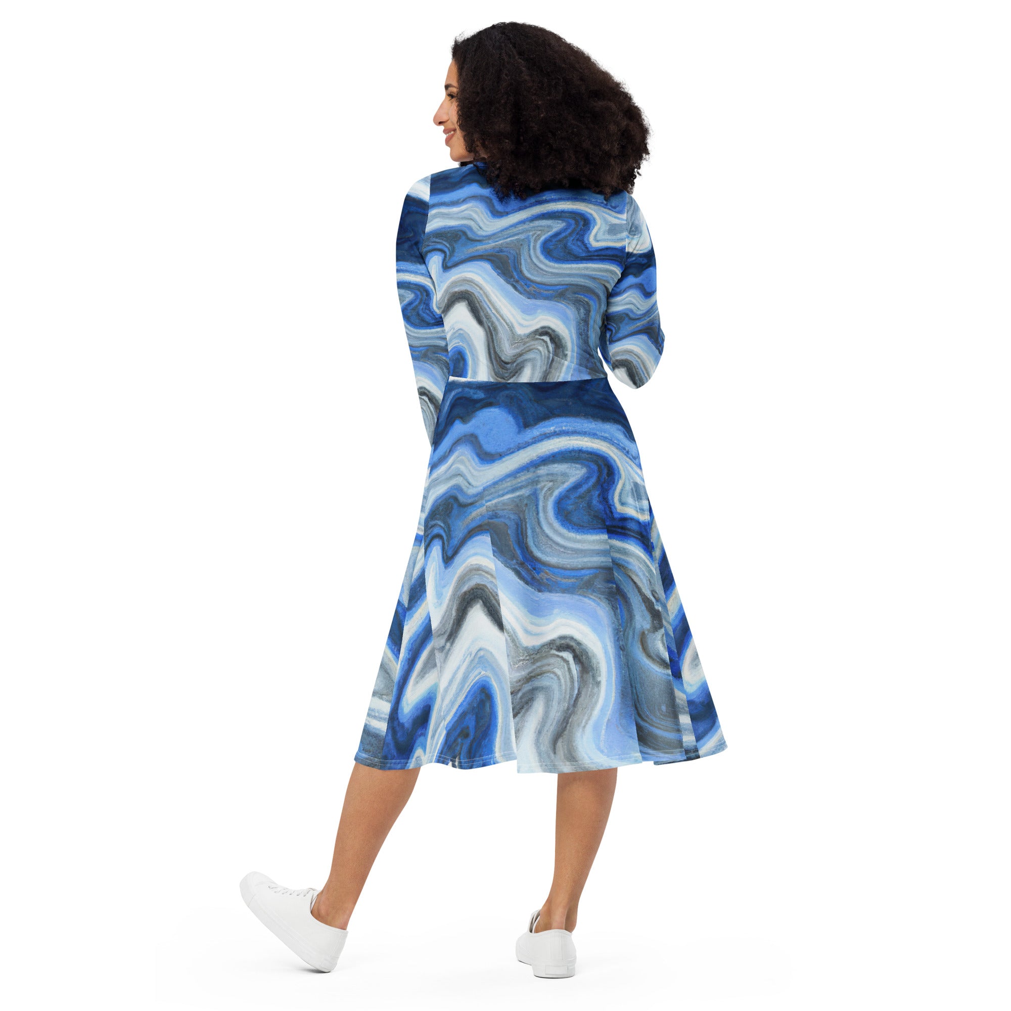 Womens Long Sleeve Midi Dress in Blue Grey Marble Print, showcasing its elegant design, fitted waist, and side pockets.