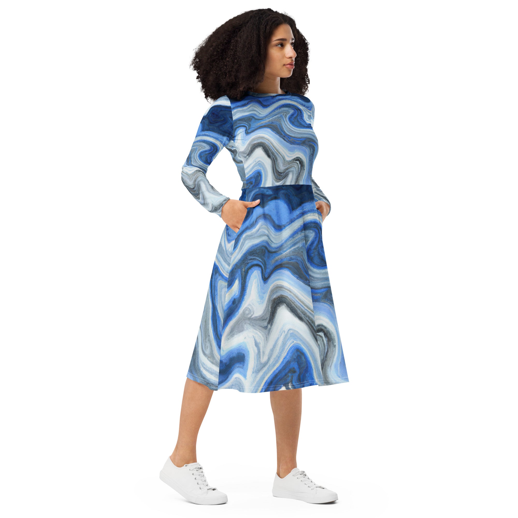 Womens Long Sleeve Midi Dress in Blue Grey Marble Print, showcasing its elegant design, fitted waist, and side pockets.