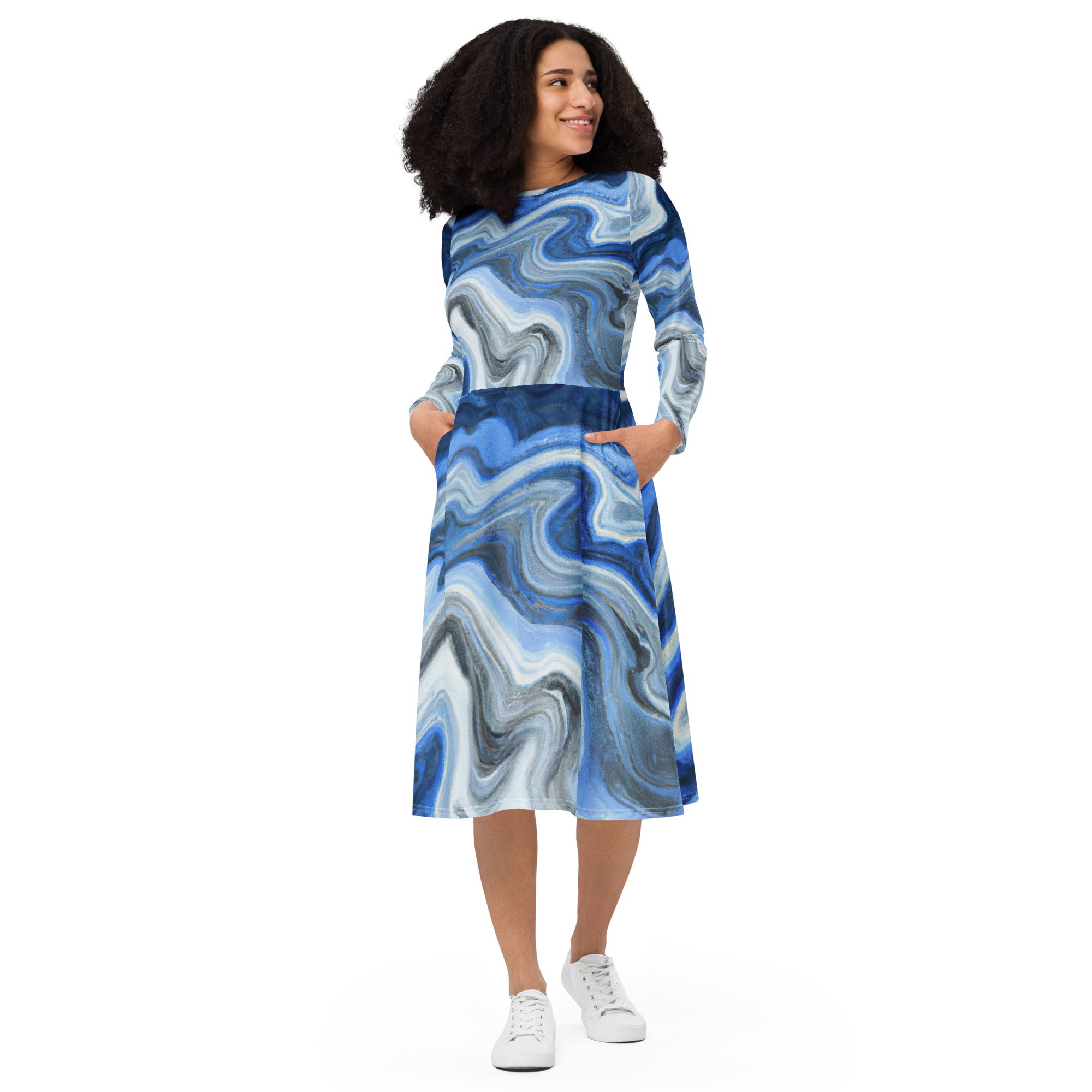 Womens Long Sleeve Midi Dress in Blue Grey Marble Print, showcasing its elegant design, fitted waist, and side pockets.