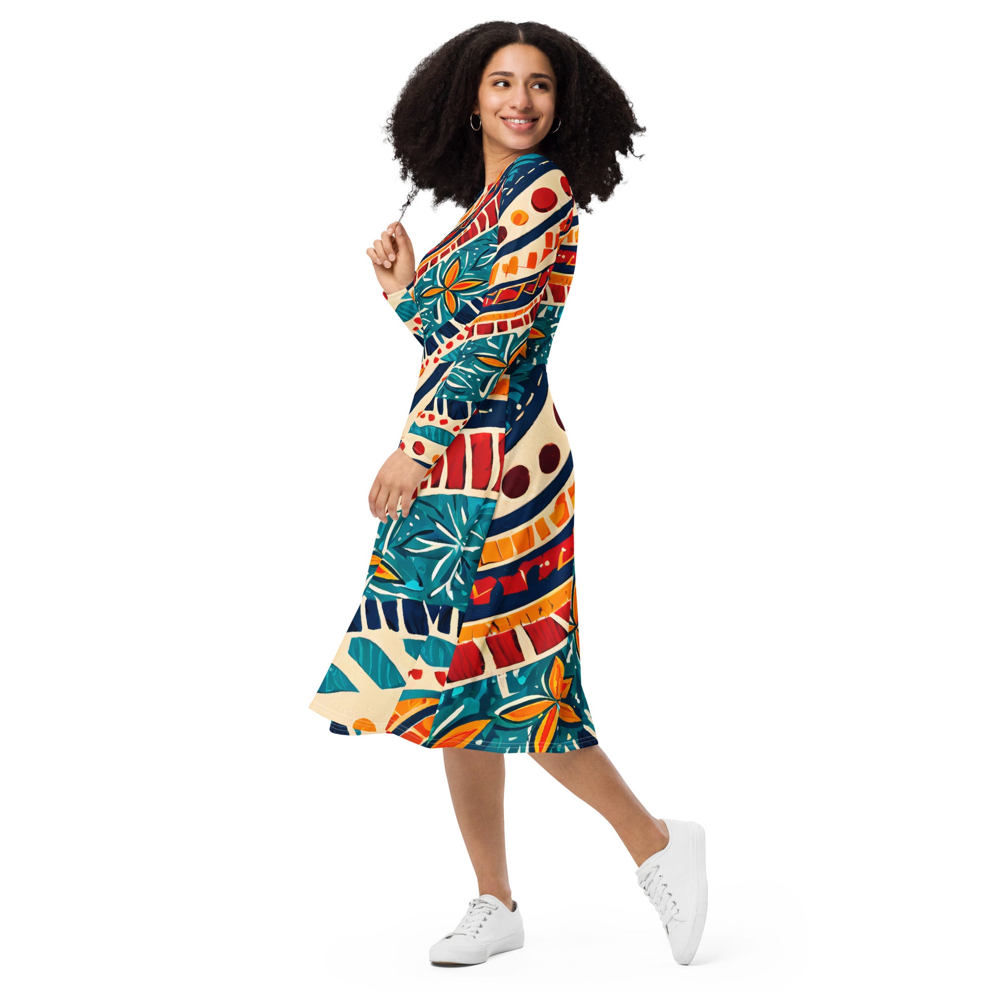 Womens Long Sleeve Midi Dress featuring a vibrant boho floral print, fitted waist, flared bottom, and side pockets.