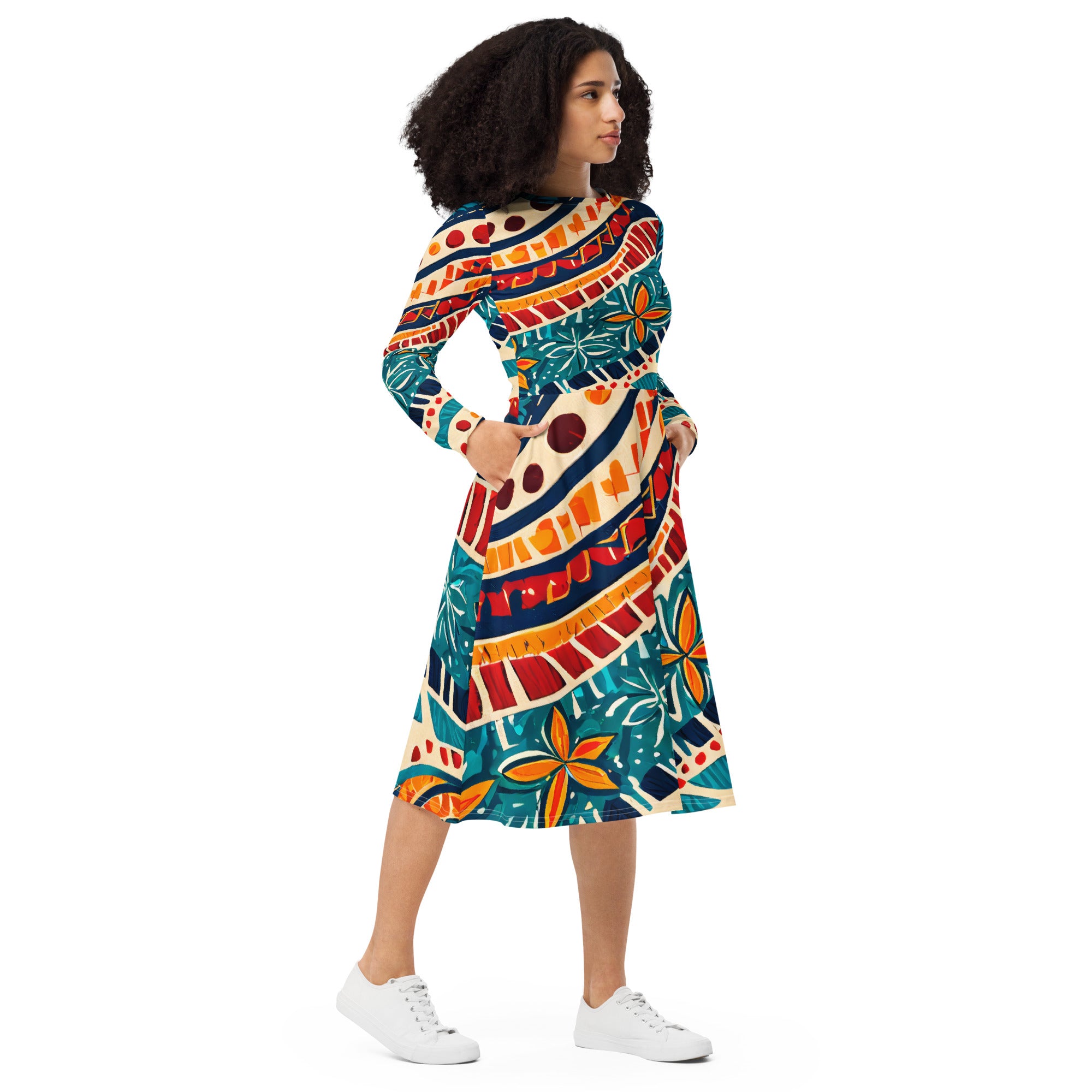 Womens Long Sleeve Midi Dress featuring a vibrant boho floral print, fitted waist, flared bottom, and side pockets.