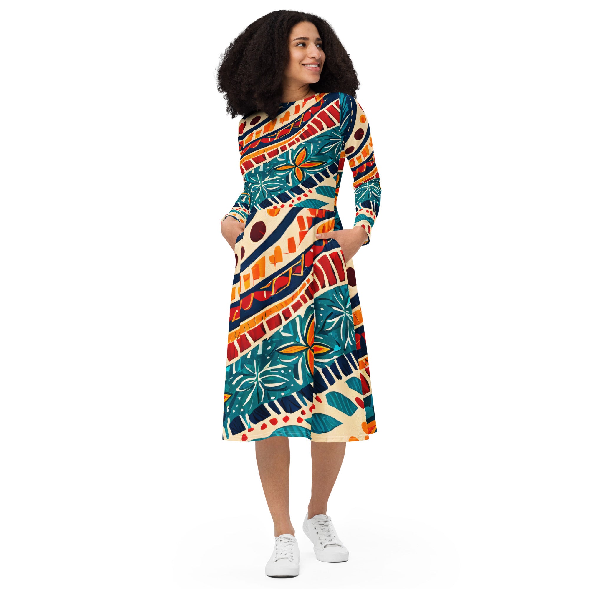 Womens Long Sleeve Midi Dress featuring a vibrant boho floral print, fitted waist, flared bottom, and side pockets.