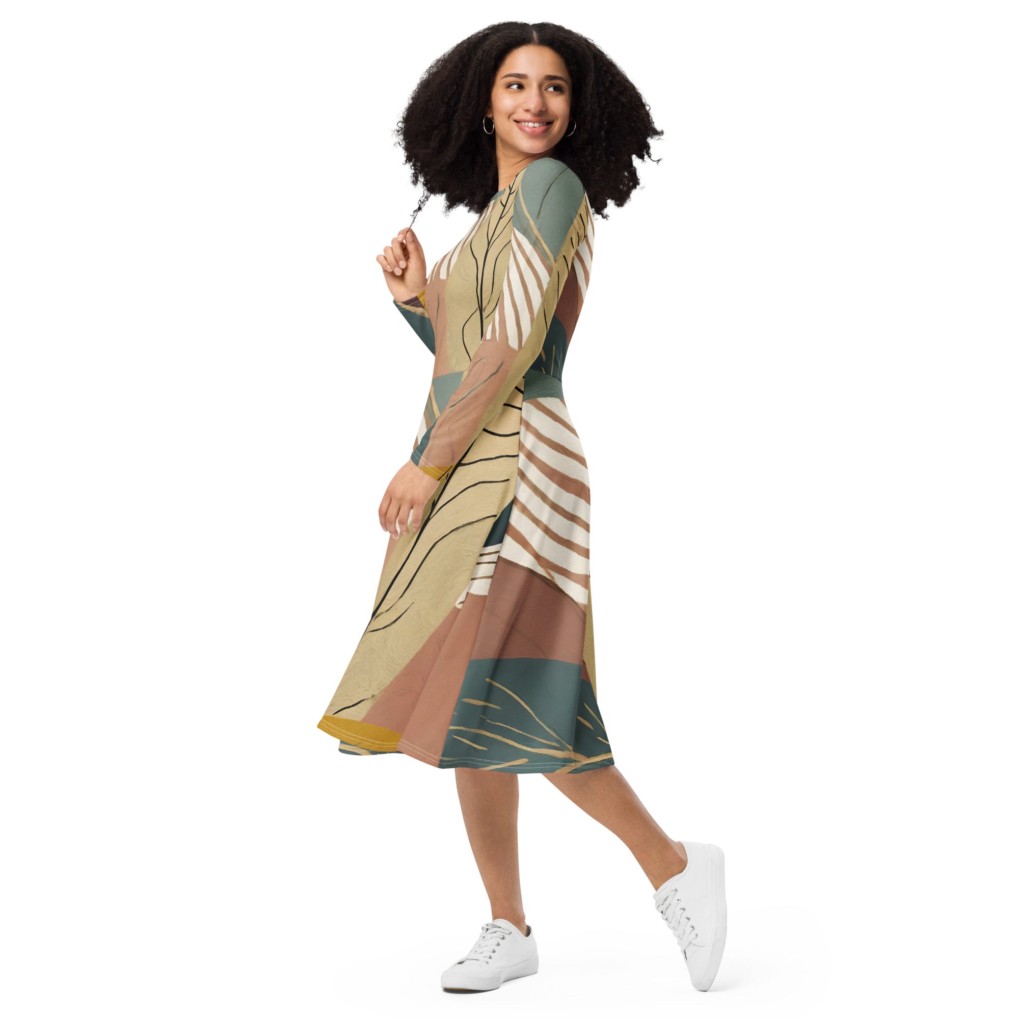 Womens Long Sleeve Midi Dress in Boho Style Print featuring a fitted waist, flared bottom, and side pockets, perfect for casual and formal occasions.