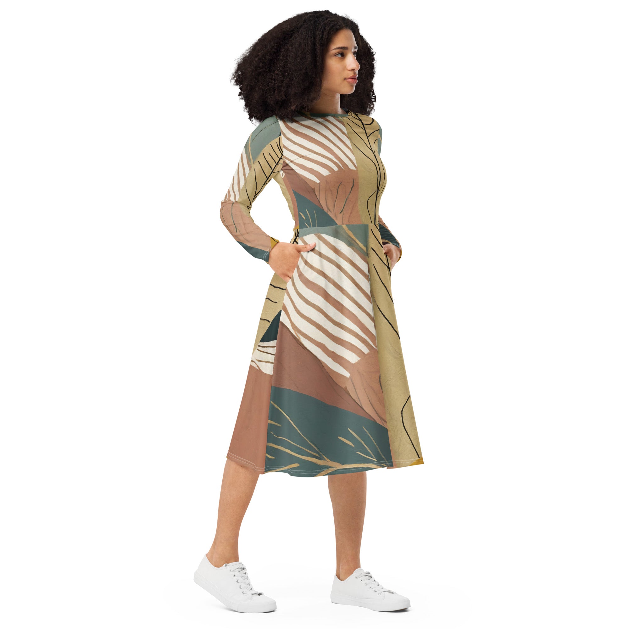 Womens Long Sleeve Midi Dress in Boho Style Print featuring a fitted waist, flared bottom, and side pockets, perfect for casual and formal occasions.