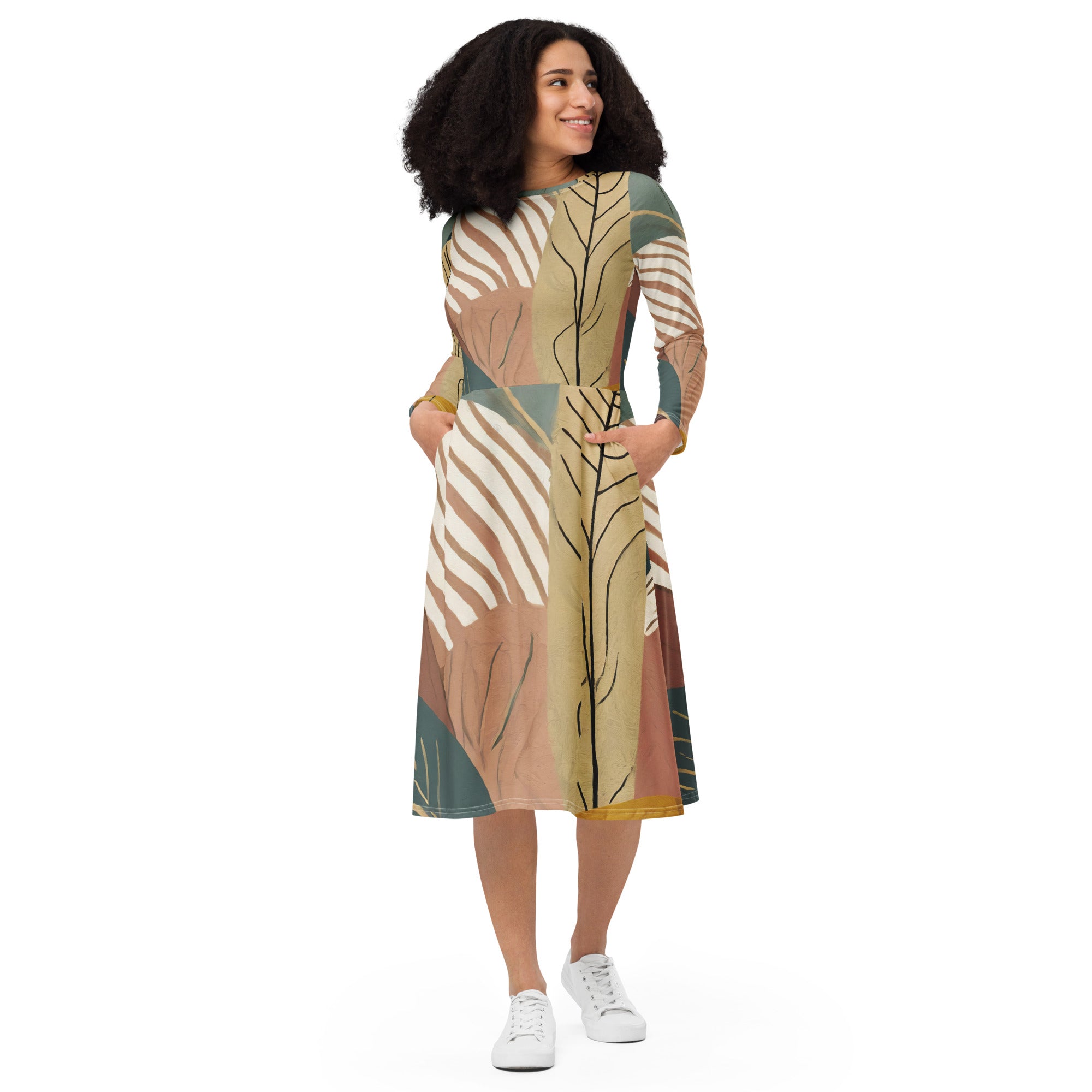 Womens Long Sleeve Midi Dress in Boho Style Print featuring a fitted waist, flared bottom, and side pockets, perfect for casual and formal occasions.