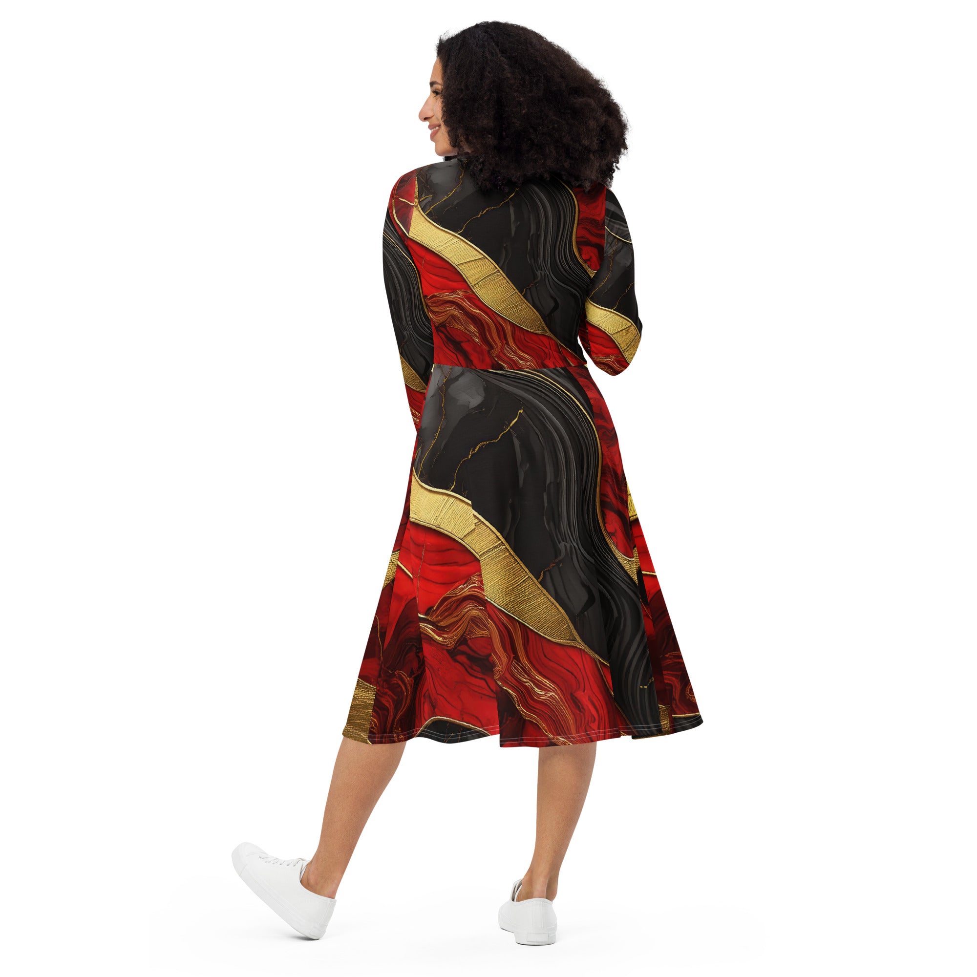 Womens Long Sleeve Midi Dress featuring a bold red and gold tones print, with a fitted waist, flared bottom, and side pockets.