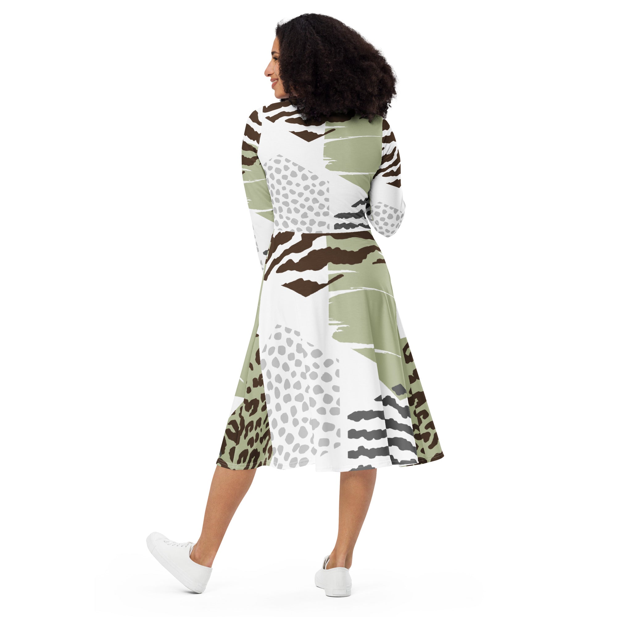 Womens Long Sleeve Midi Dress featuring a brown green grey geometric hexagon pattern, showcasing its flattering fit and side pockets.