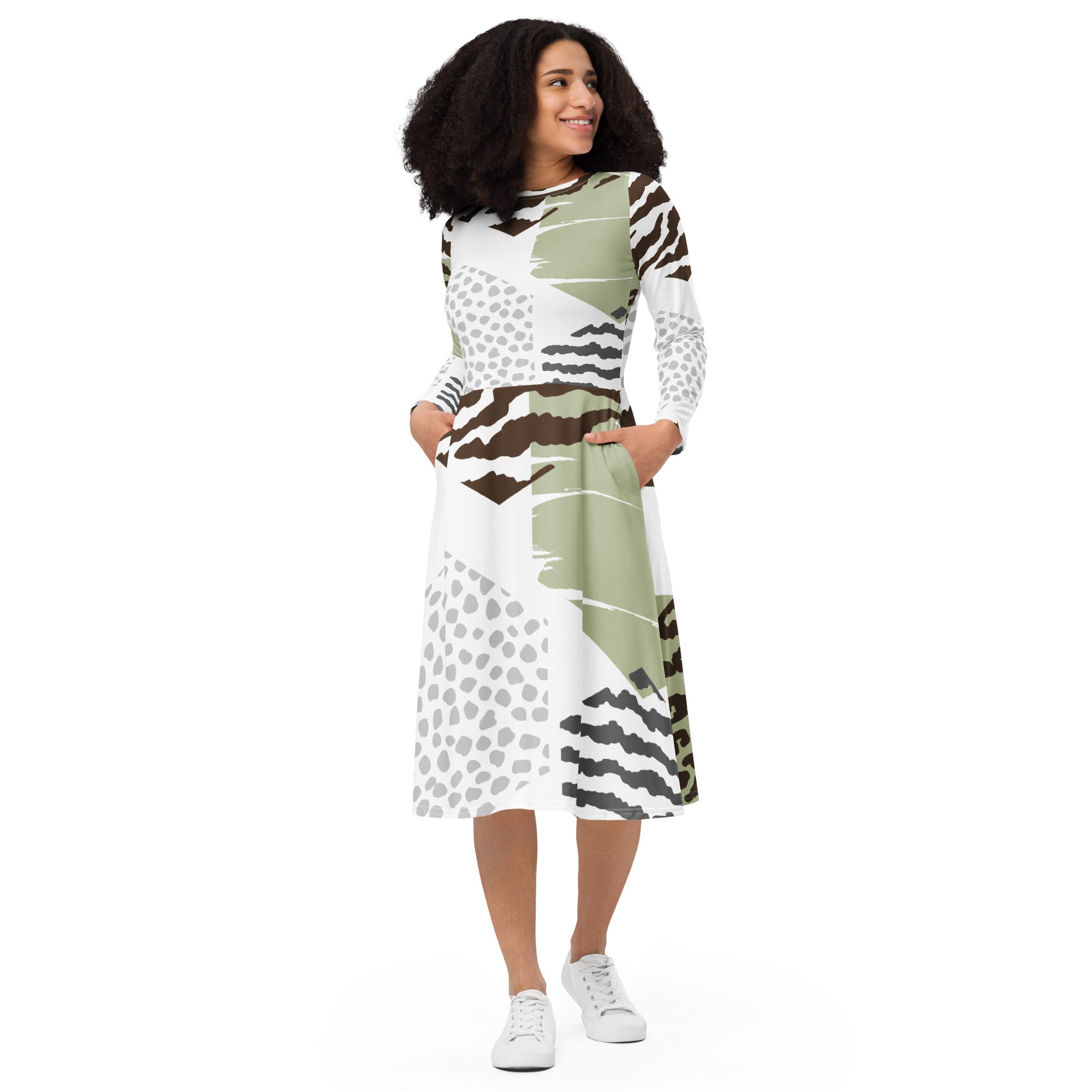 Womens Long Sleeve Midi Dress featuring a brown green grey geometric hexagon pattern, showcasing its flattering fit and side pockets.