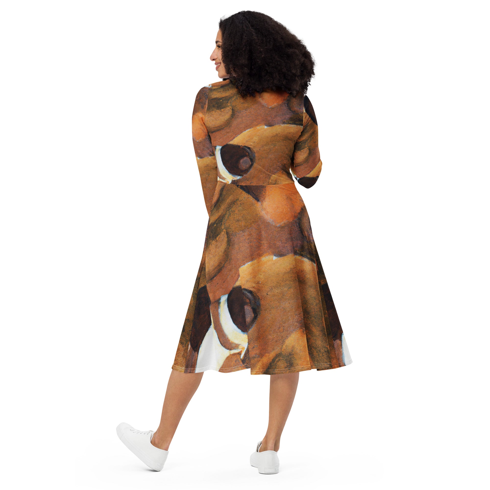 Womens Long Sleeve Midi Dress featuring a brown and white stone pattern, showcasing a fitted waist, flared bottom, and side pockets.