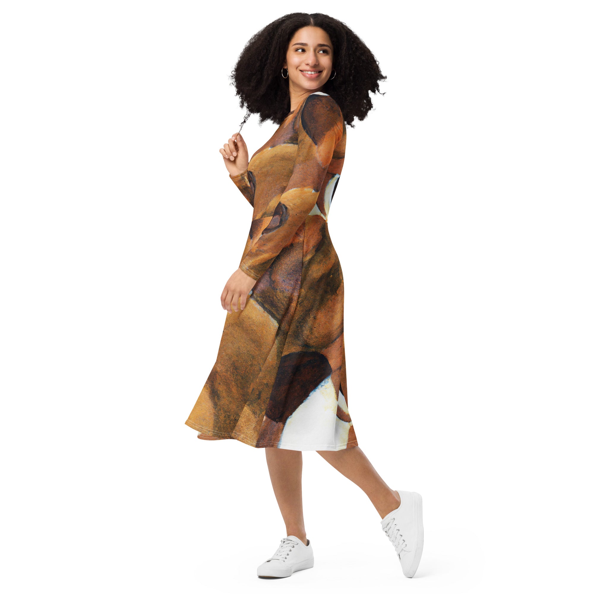 Womens Long Sleeve Midi Dress featuring a brown and white stone pattern, showcasing a fitted waist, flared bottom, and side pockets.