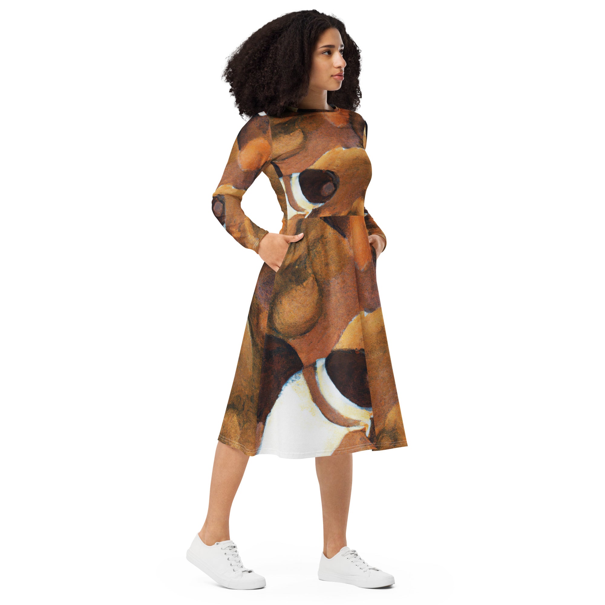 Womens Long Sleeve Midi Dress featuring a brown and white stone pattern, showcasing a fitted waist, flared bottom, and side pockets.