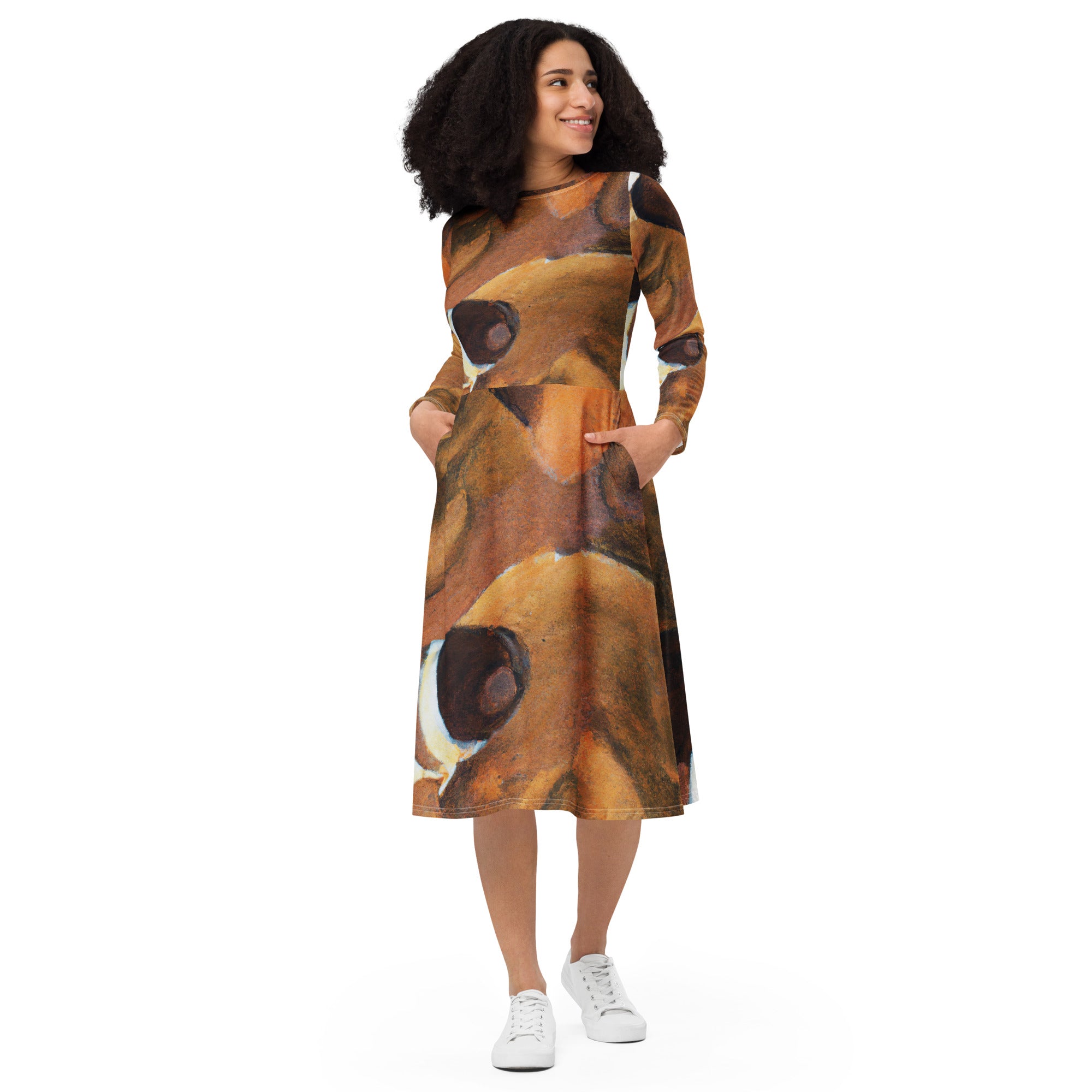 Womens Long Sleeve Midi Dress featuring a brown and white stone pattern, showcasing a fitted waist, flared bottom, and side pockets.