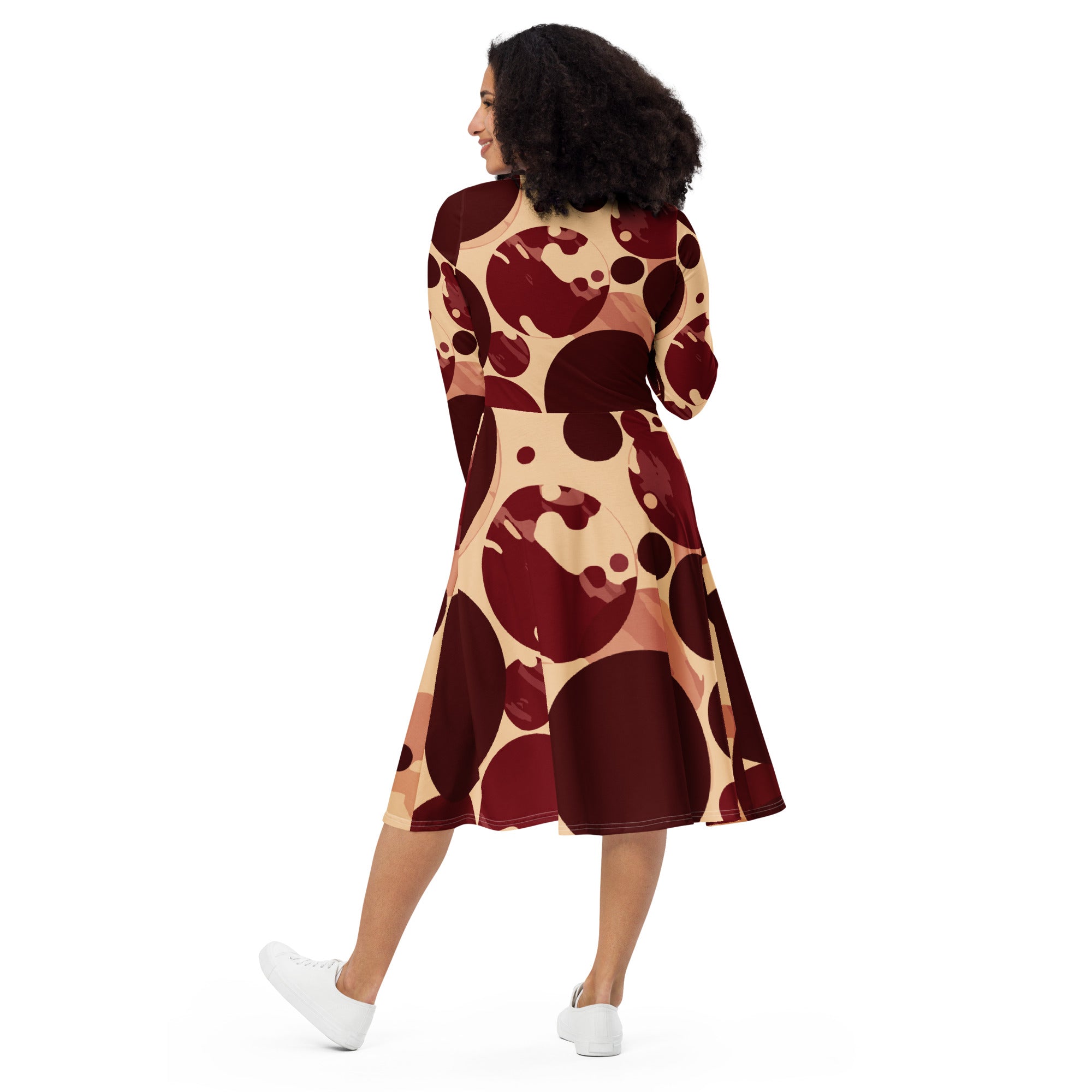 Womens Long Sleeve Midi Dress in Burgundy and Beige with circular print, showcasing a fitted waist, flared bottom, and side pockets.