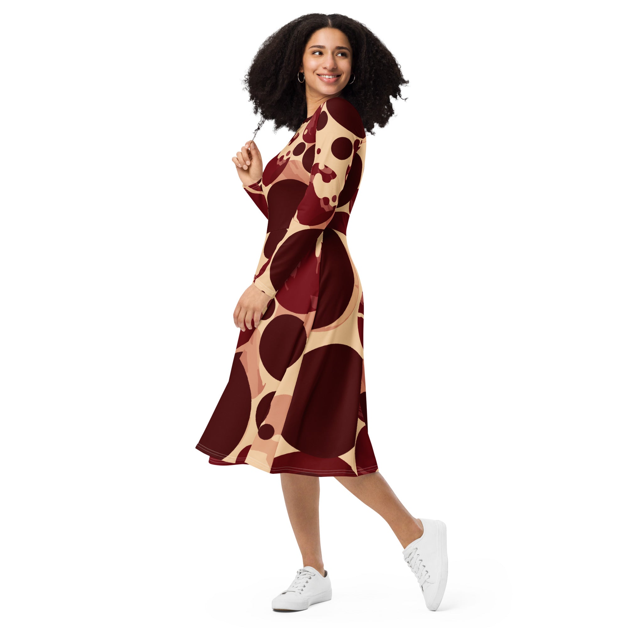 Womens Long Sleeve Midi Dress in Burgundy and Beige with circular print, showcasing a fitted waist, flared bottom, and side pockets.