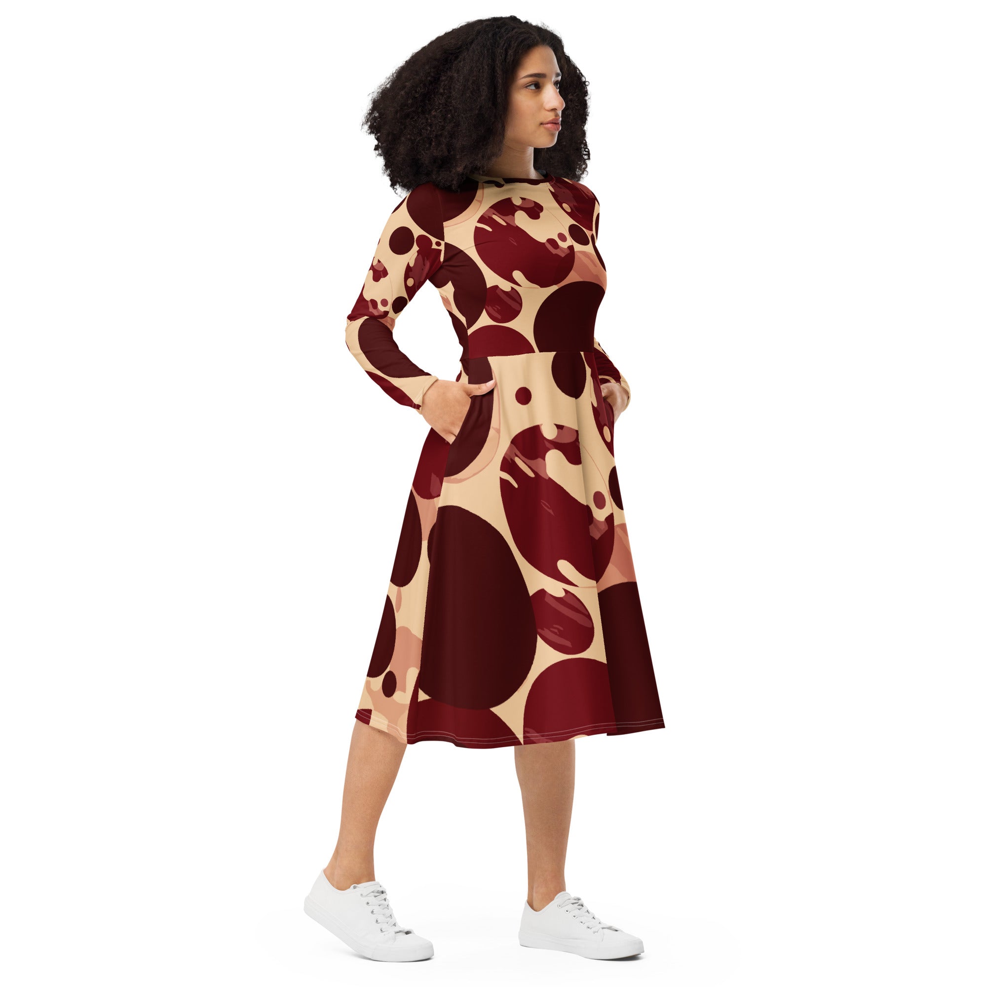 Womens Long Sleeve Midi Dress in Burgundy and Beige with circular print, showcasing a fitted waist, flared bottom, and side pockets.