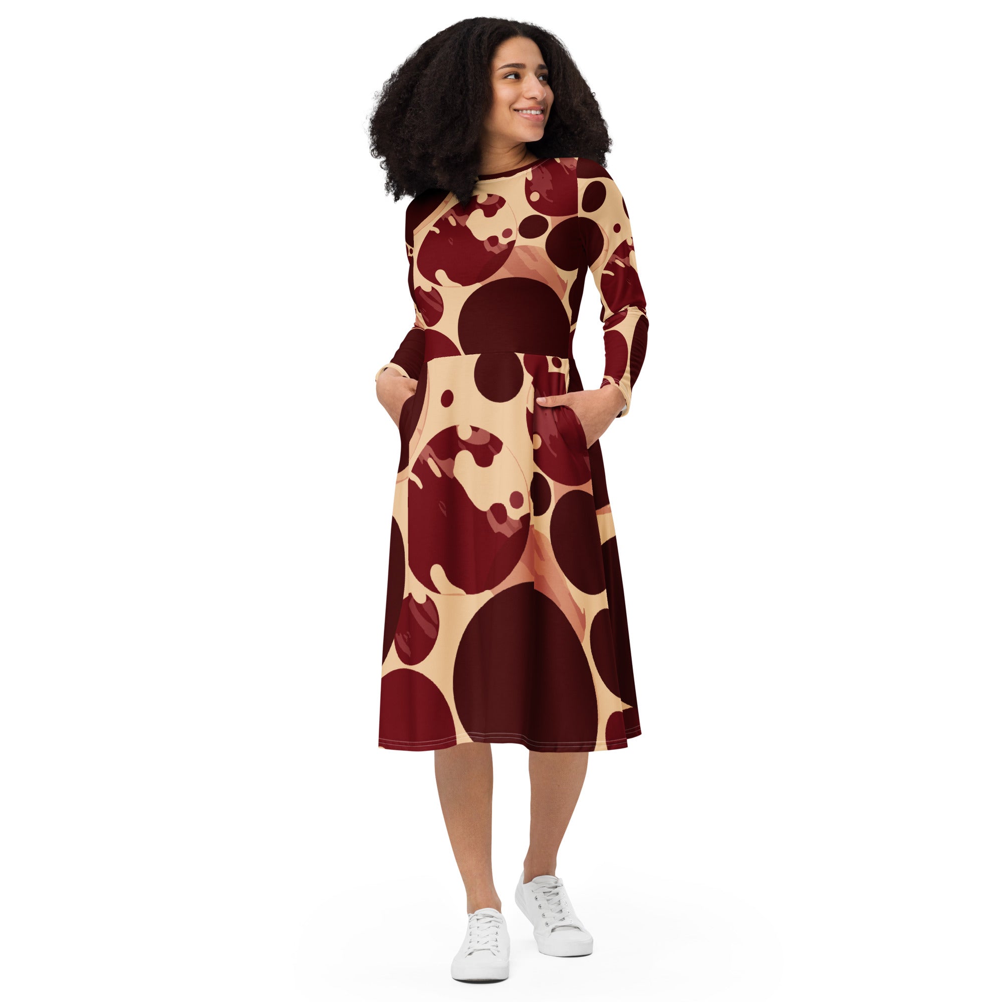 Womens Long Sleeve Midi Dress in Burgundy and Beige with circular print, showcasing a fitted waist, flared bottom, and side pockets.